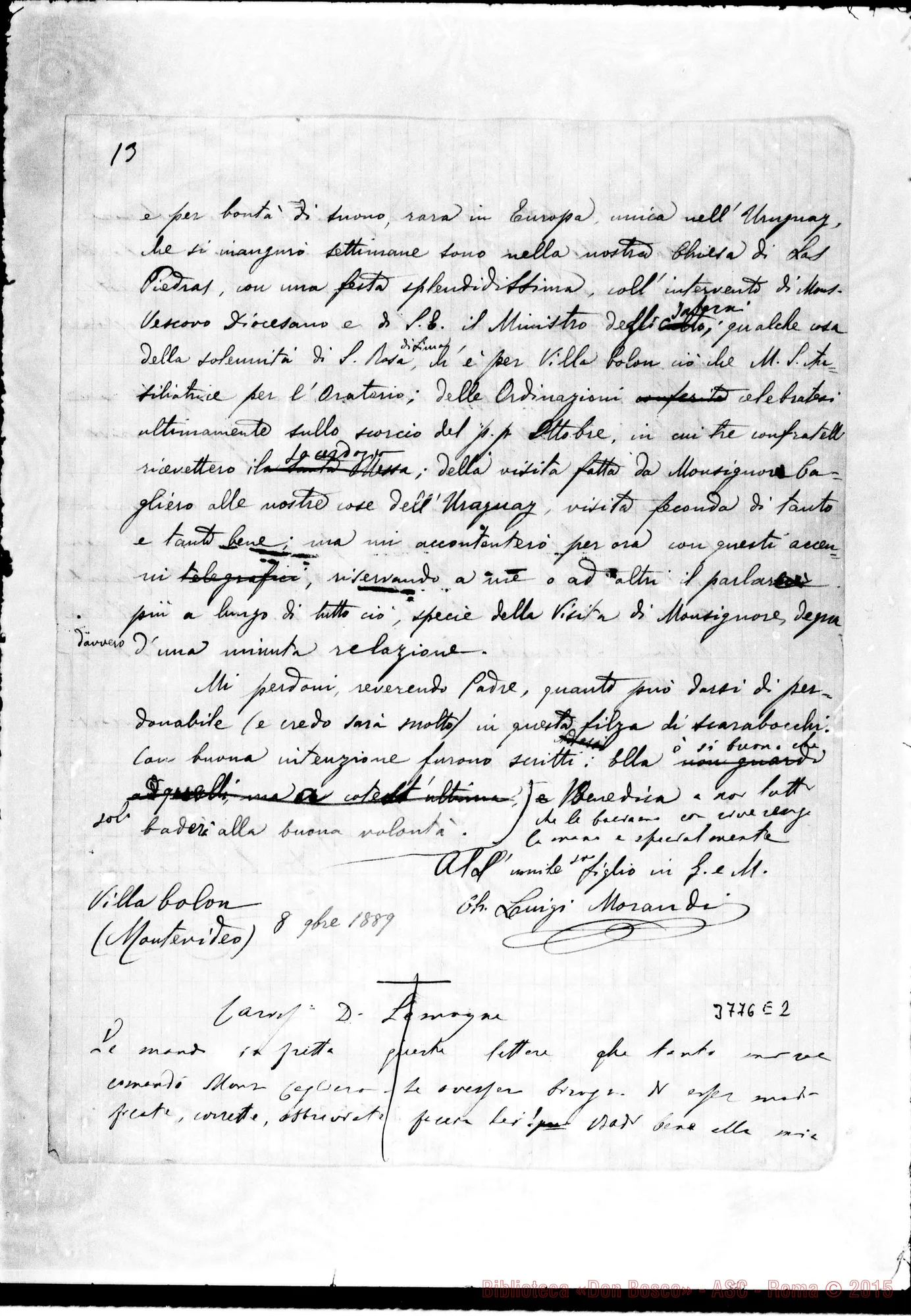 Fotogramma E 2 — Morandi Luigi, ch. Villa Colon, 8-11-1889 Segue: lett. di D. Lasagna A D. Lemoyne