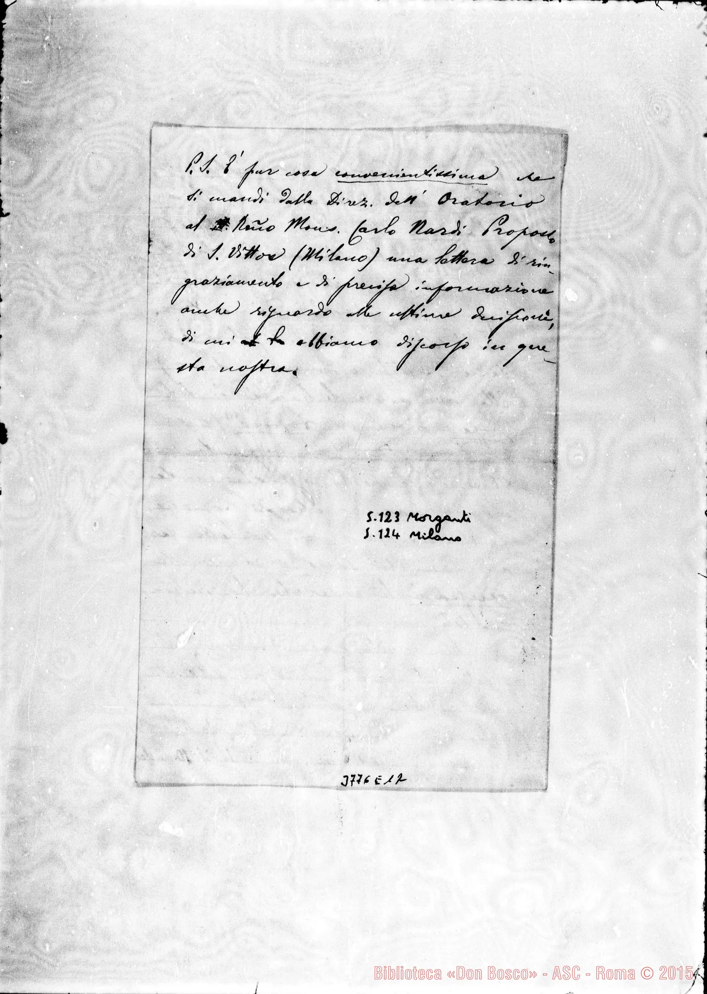 Fotogramma E 12 — Morganti Pasquale, vesc. Milano, 7-09-1886 Autogr. Rua