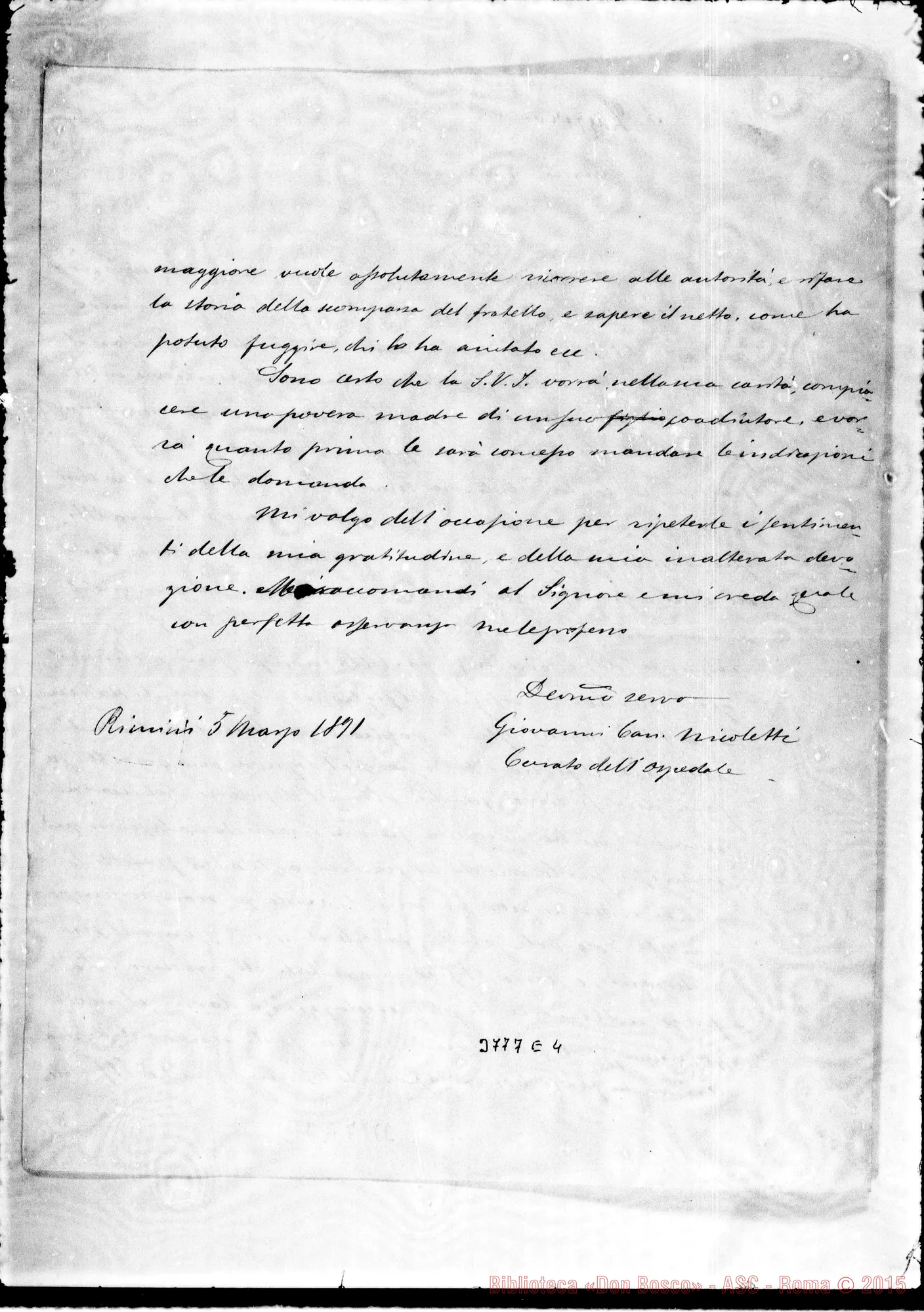 Fotogramma E 4 — Nicoletti Giovanni, sac. Rimini, 5-03-1891 Autogr. Rua All. minuta di risposta: 10-03-1891