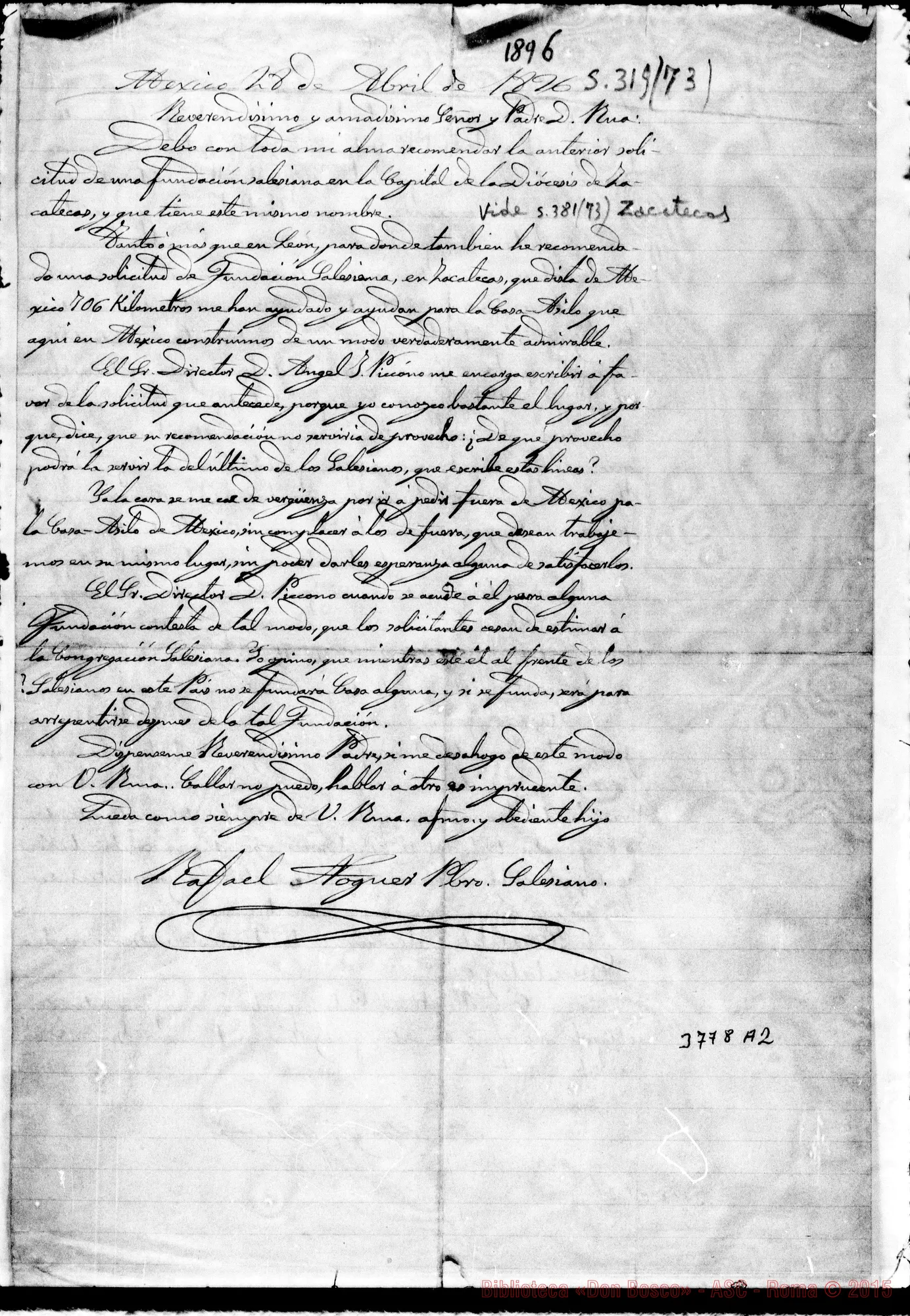 Fotogramma A 2 — Noguer Rafael, SDB Zacatecas, 28-04-1896 Autogr. Rua