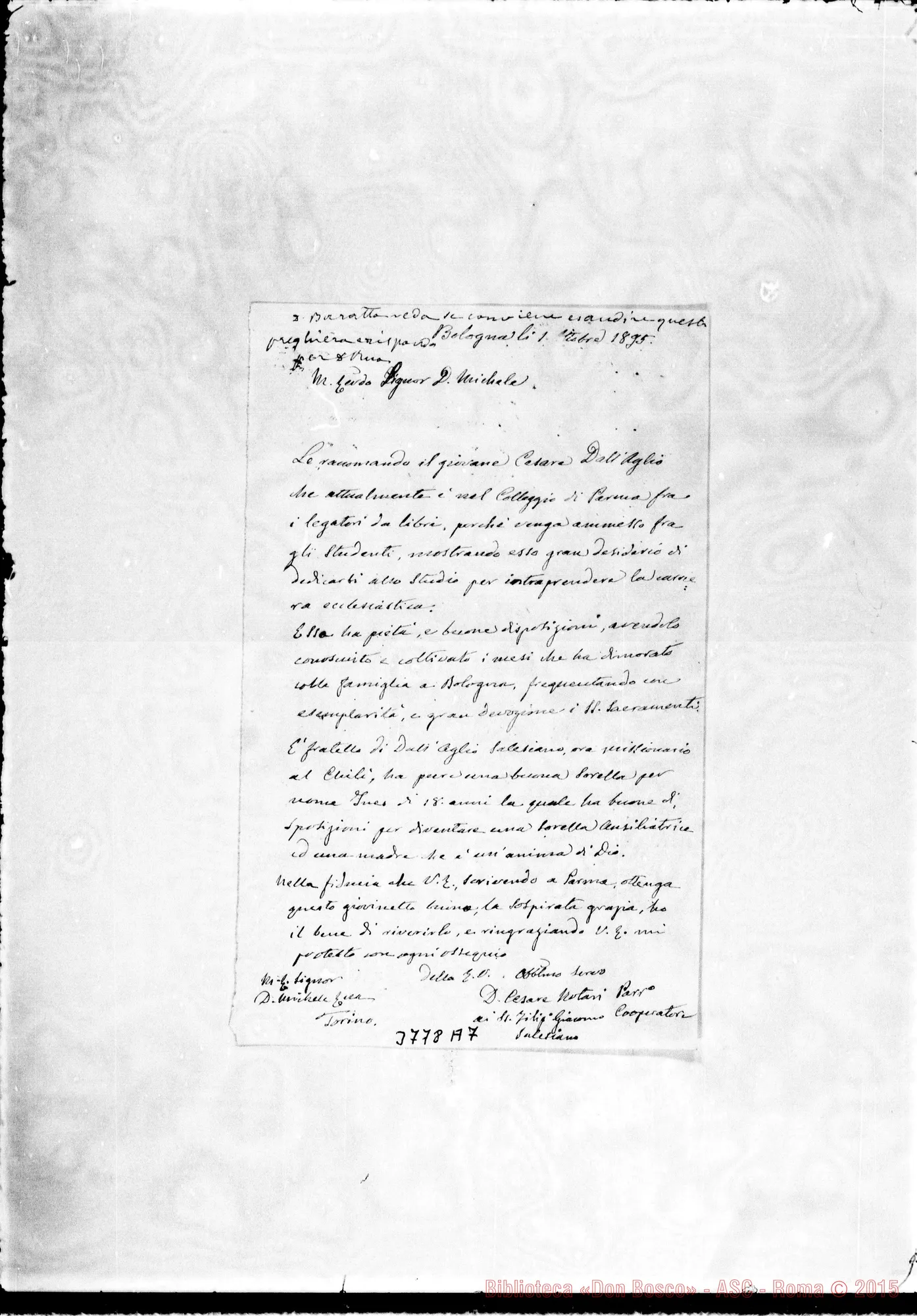 Fotogramma A 7 — Notari Cesare, parroco Bologna, 1-10-1895 Autogr. Rua