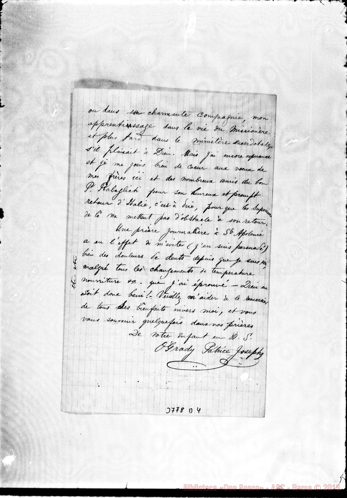 Fotogramma D 4 — O’Grady Patrizio, SDB S. Nicolás, 20-07-1884 Autogr. Rua