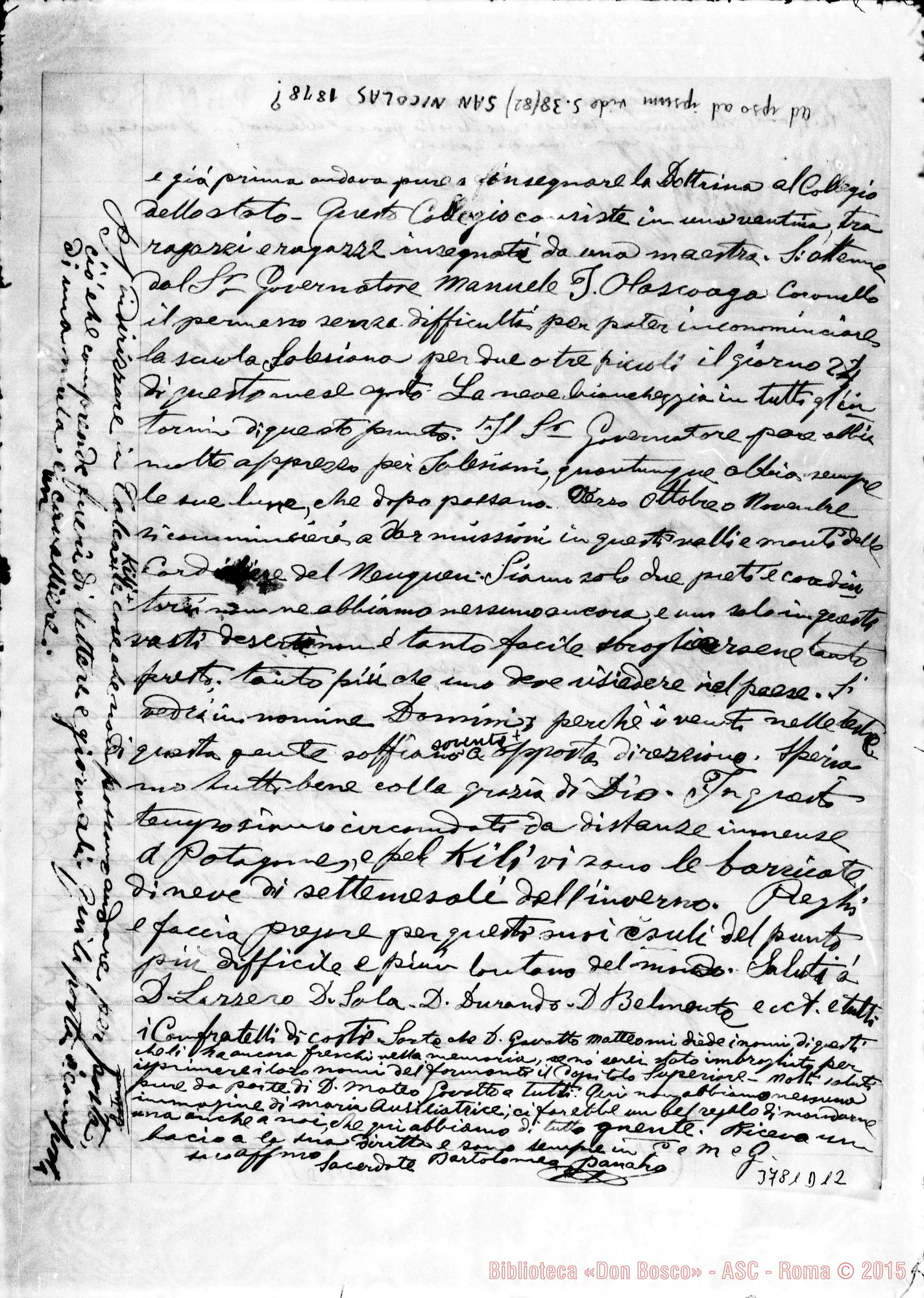 Fotogramma D 12 — Panaro Bartolomeo, SDB Chos-Malal, 31-08-1889 Autogr. Rua