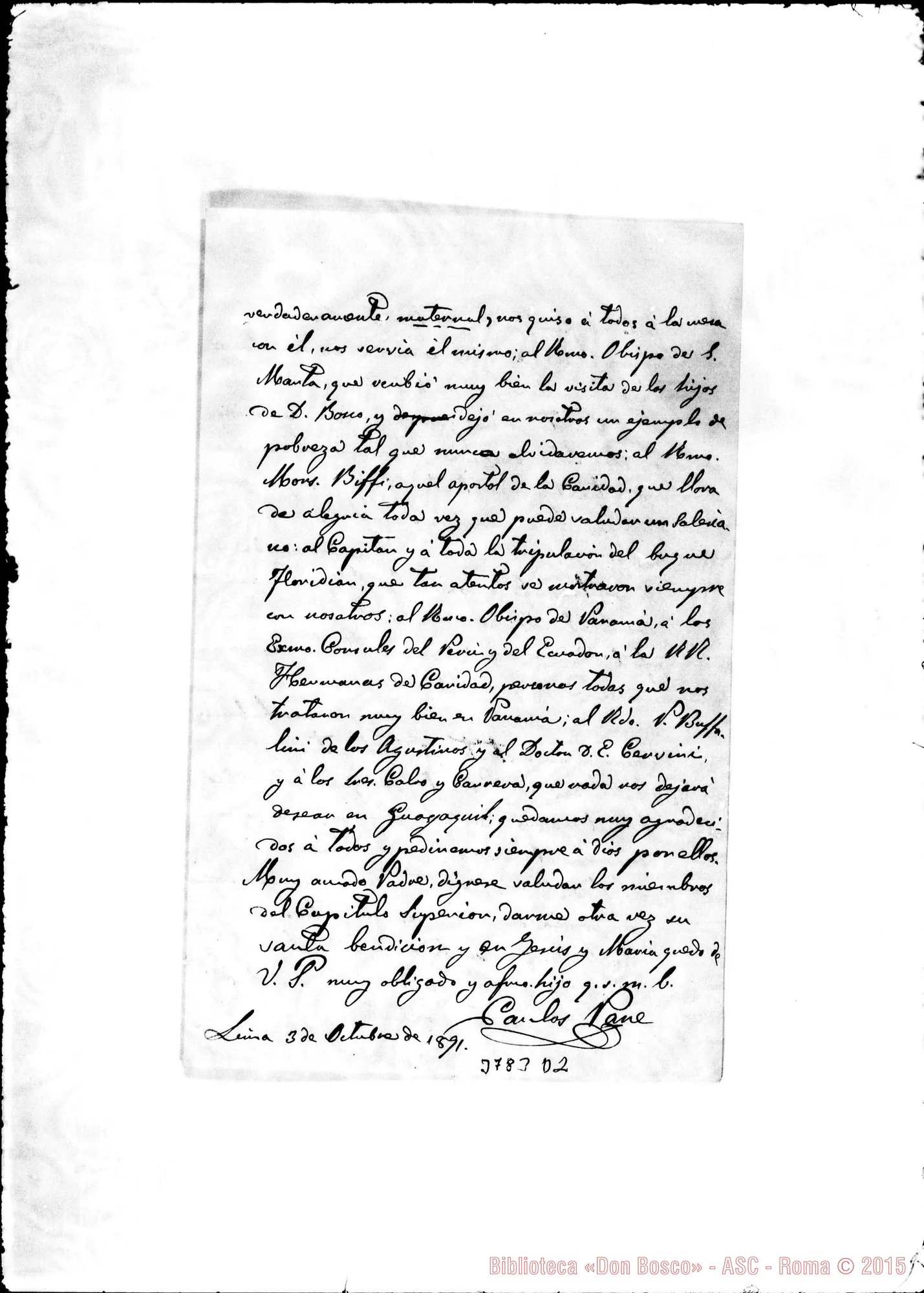 Fotogramma D 2 — « « Lima, 3-10-1891 Autogr. Rua