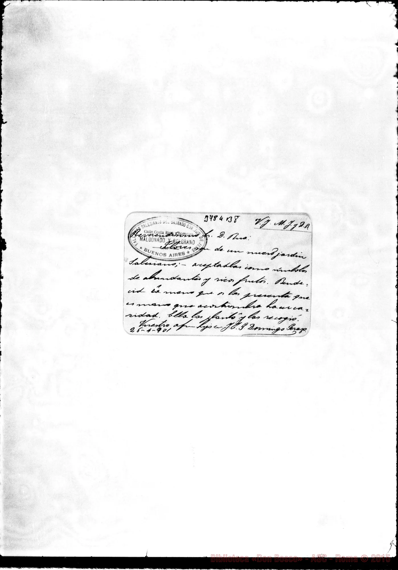 Fotogramma B 8 — Perazo Domenico, SDB Buenos Aires, 26-04-1901 Bigliettino