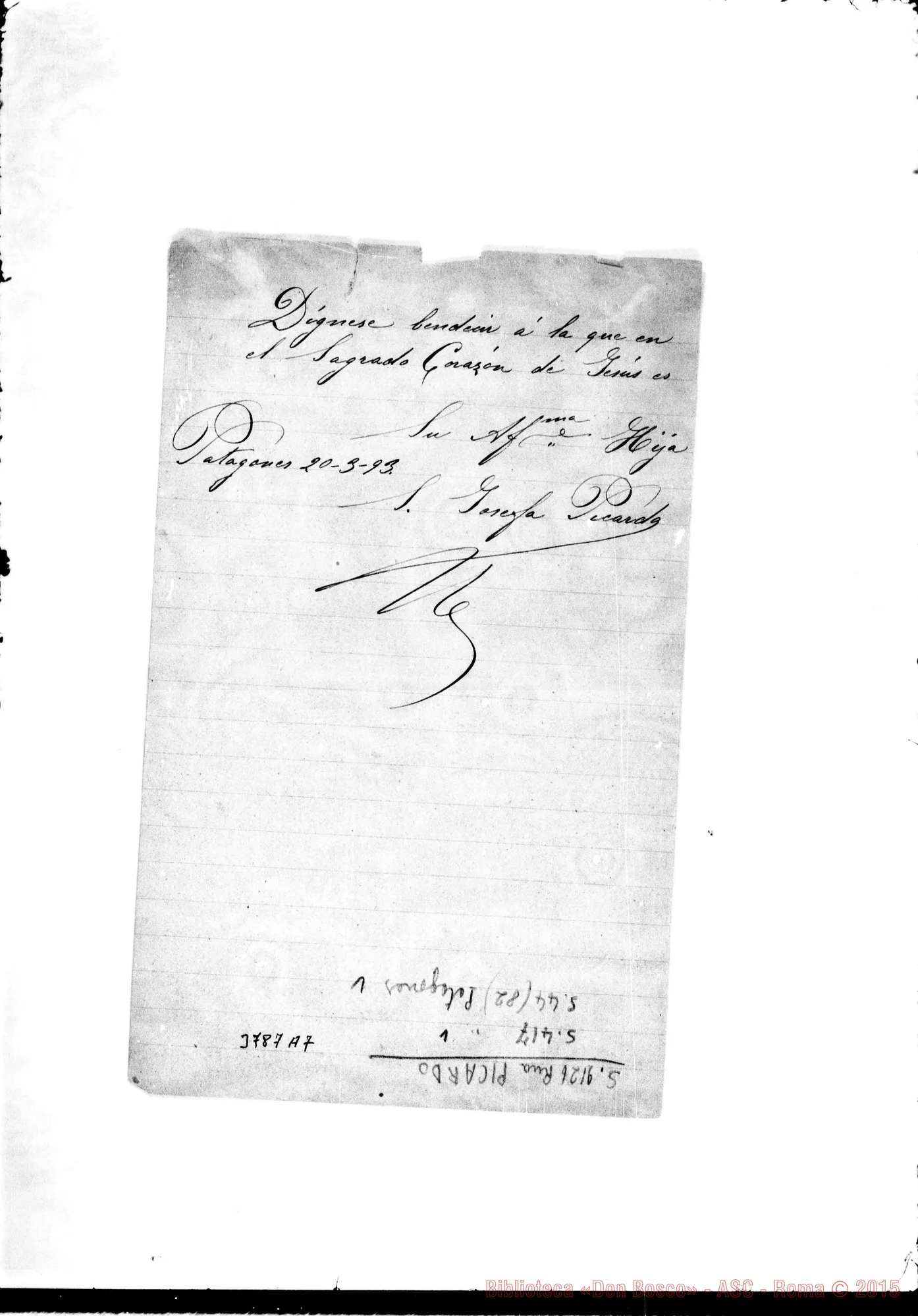 Fotogramma A 7 — Piccardo Josefa, suora Patagones, 20-03-1893 Autogr. Rua