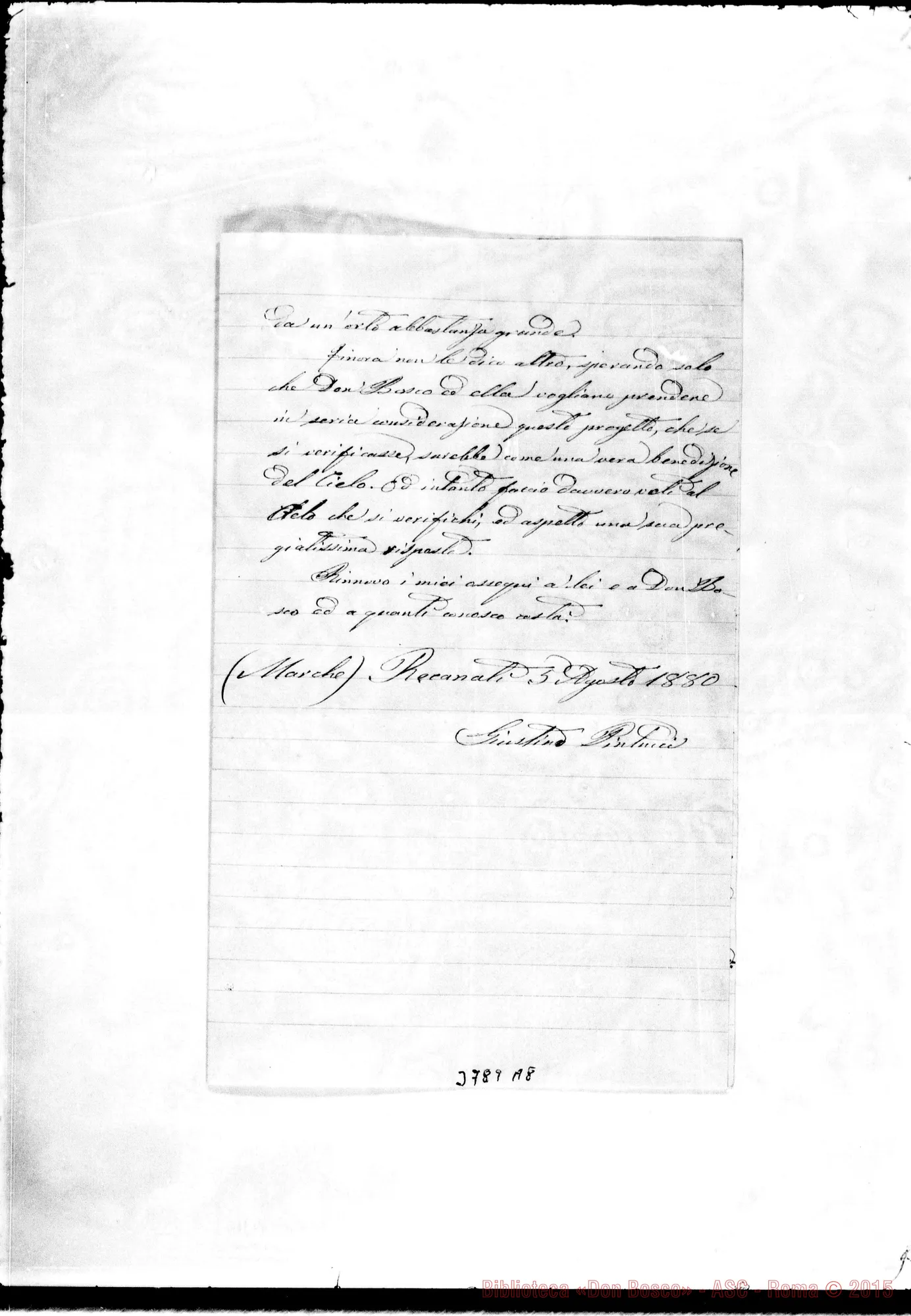 Fotogramma A 8 — Piniucci Giustino Recanati, 5-08-1880 Autogr. Rua