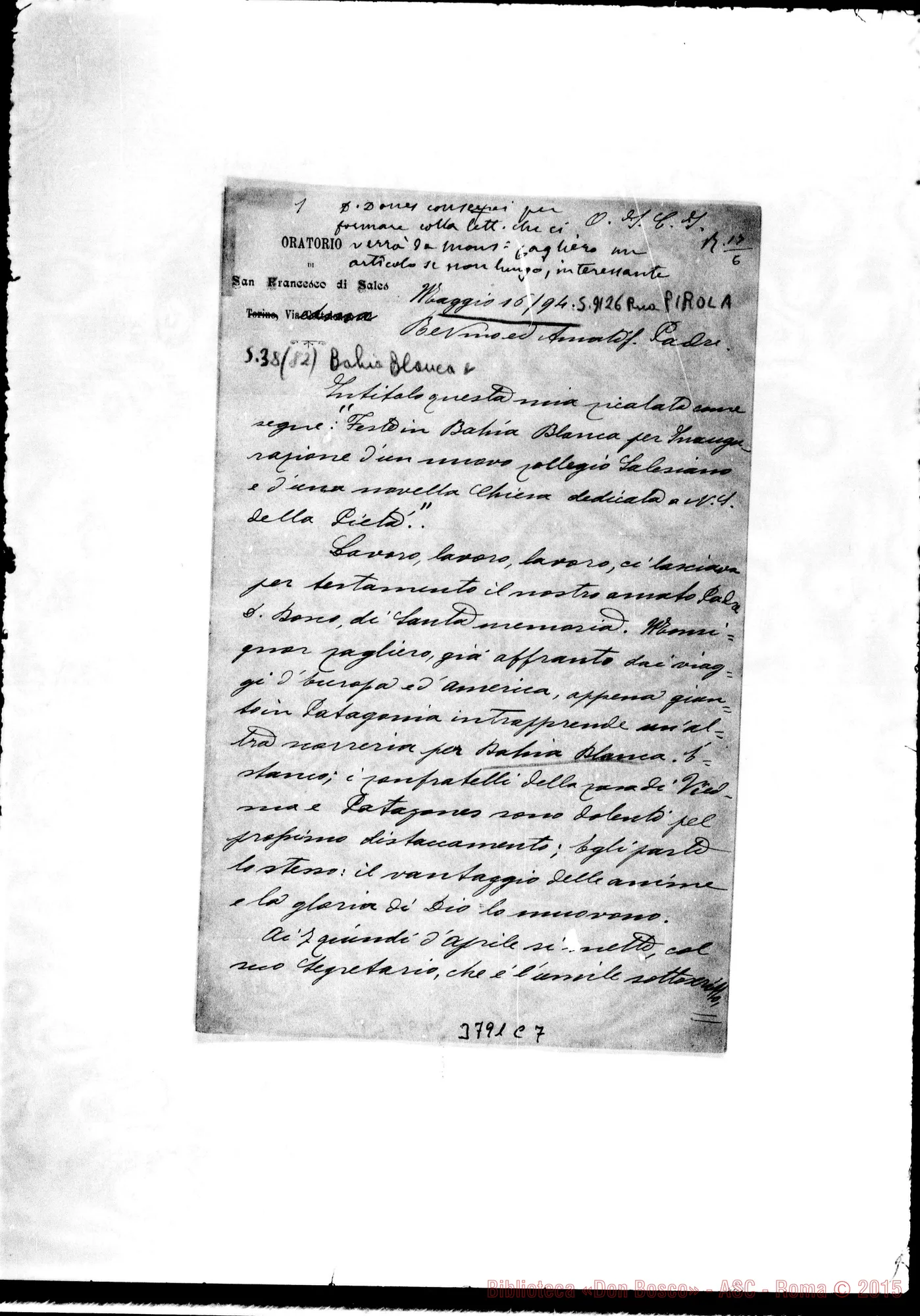 Fotogramma C 7 — « « Bahia Bianca, 16-05-1894 Autogr. Rua