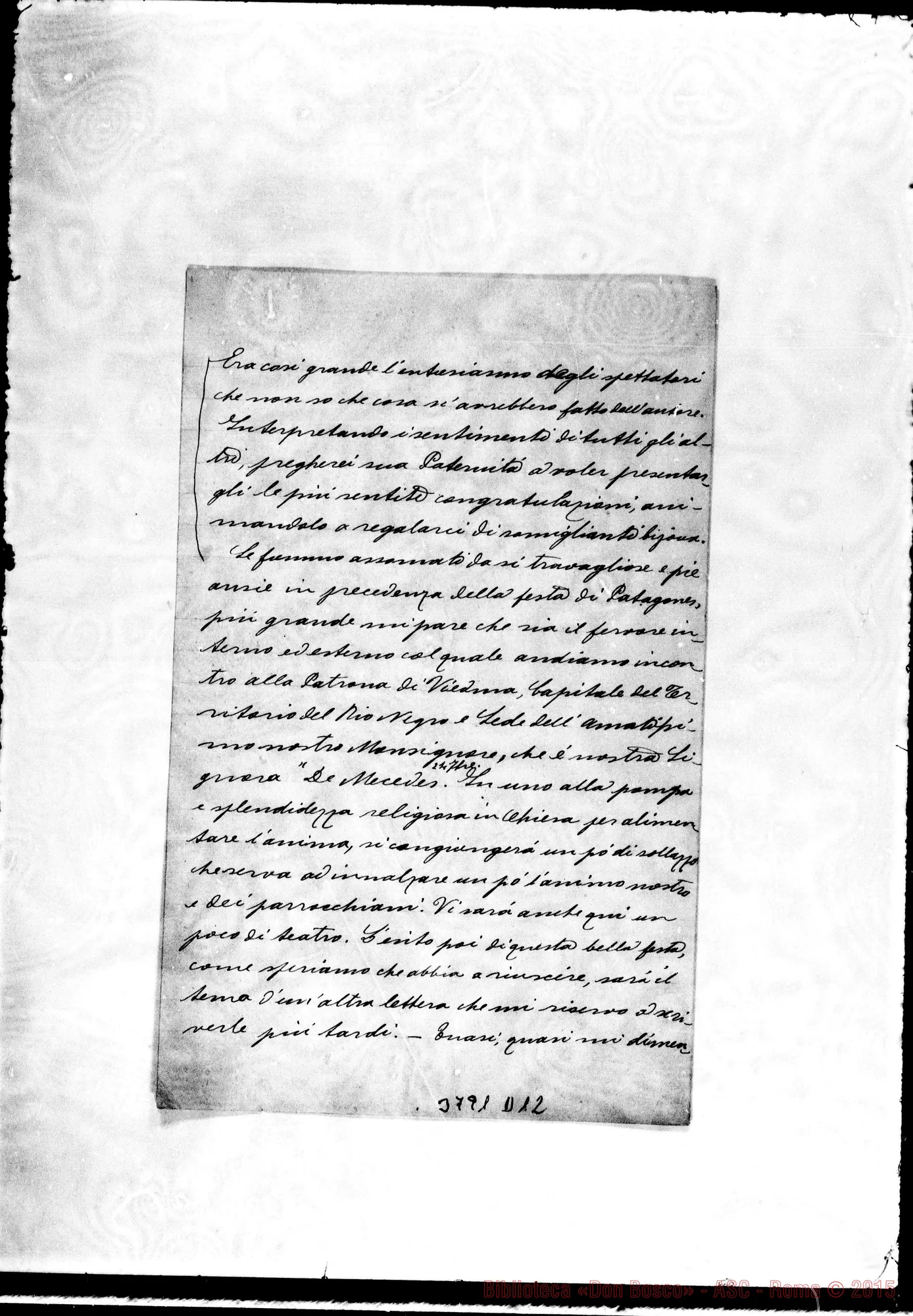 Fotogramma D 12 — « « Viedma, 28-08-1894 Autogr. Rua Aggiunto P.S. di D. Cagliero G.