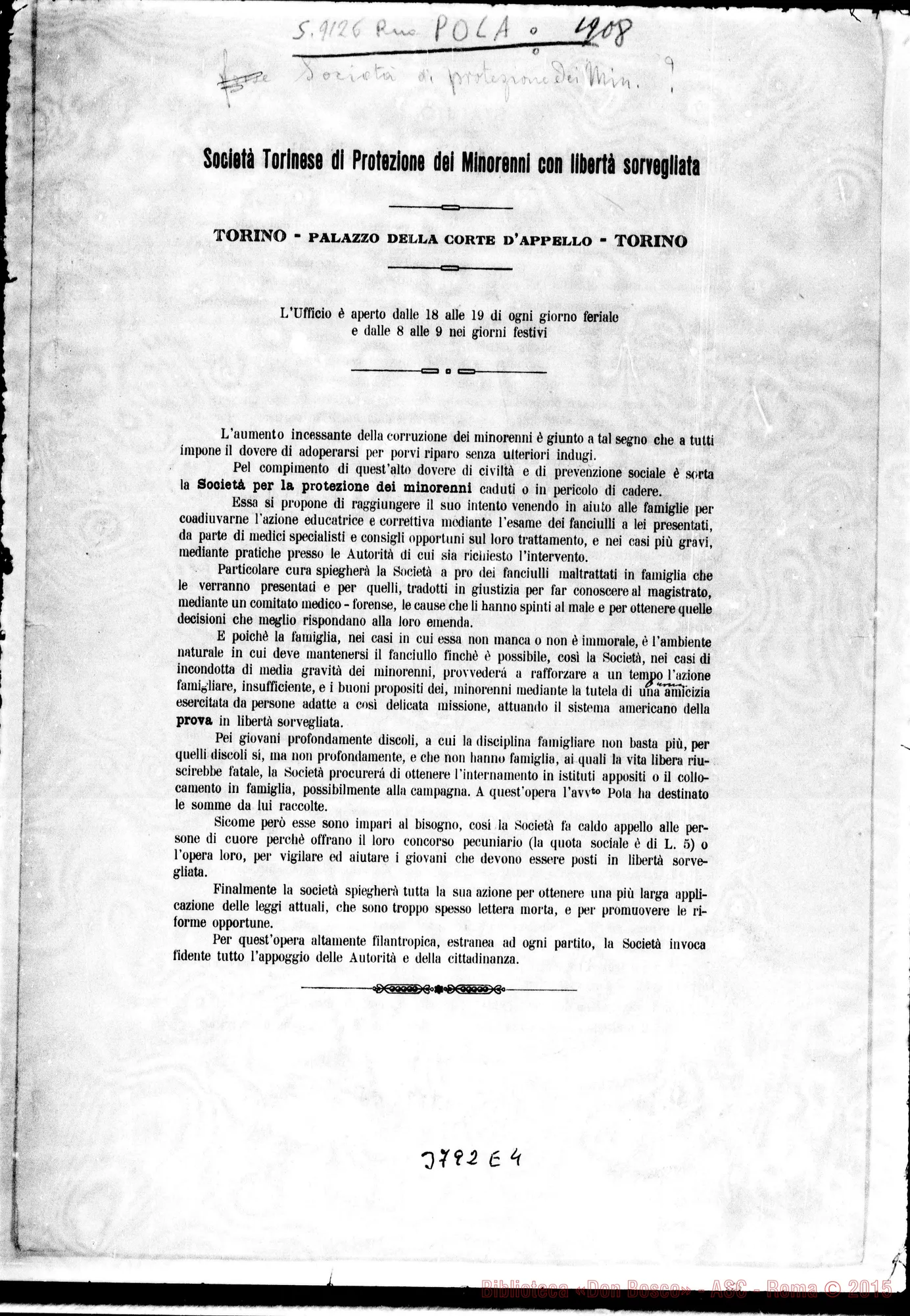 Fotogramma E 4 — Pola Giuseppe Cesare Torino, 9-11-1908 Annesso Statuto della Società per i minorenni