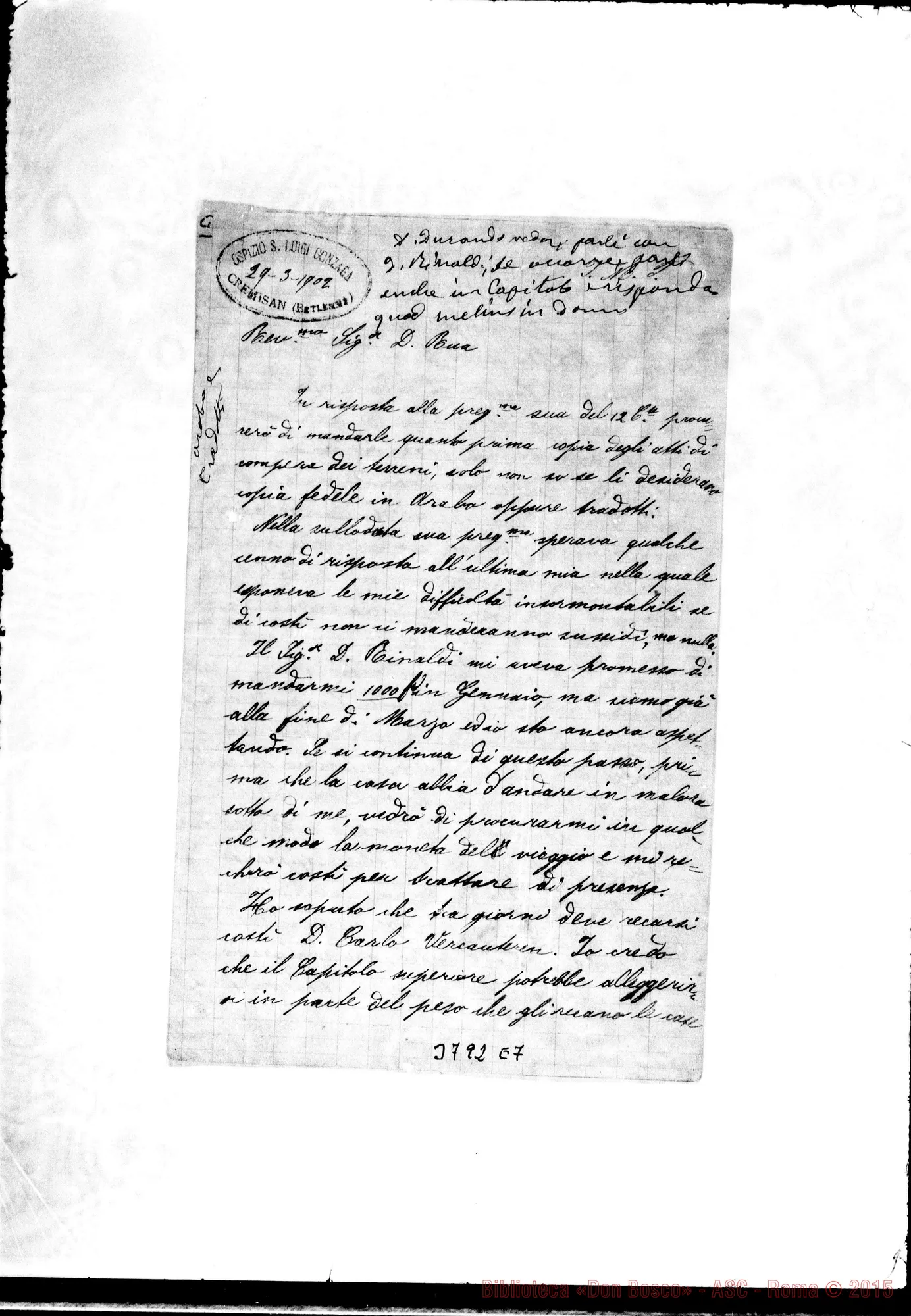 Fotogramma E 7 — Pompignoli Giuseppe, SDB Cremisan, 29-03-1902 Autogr. Rua