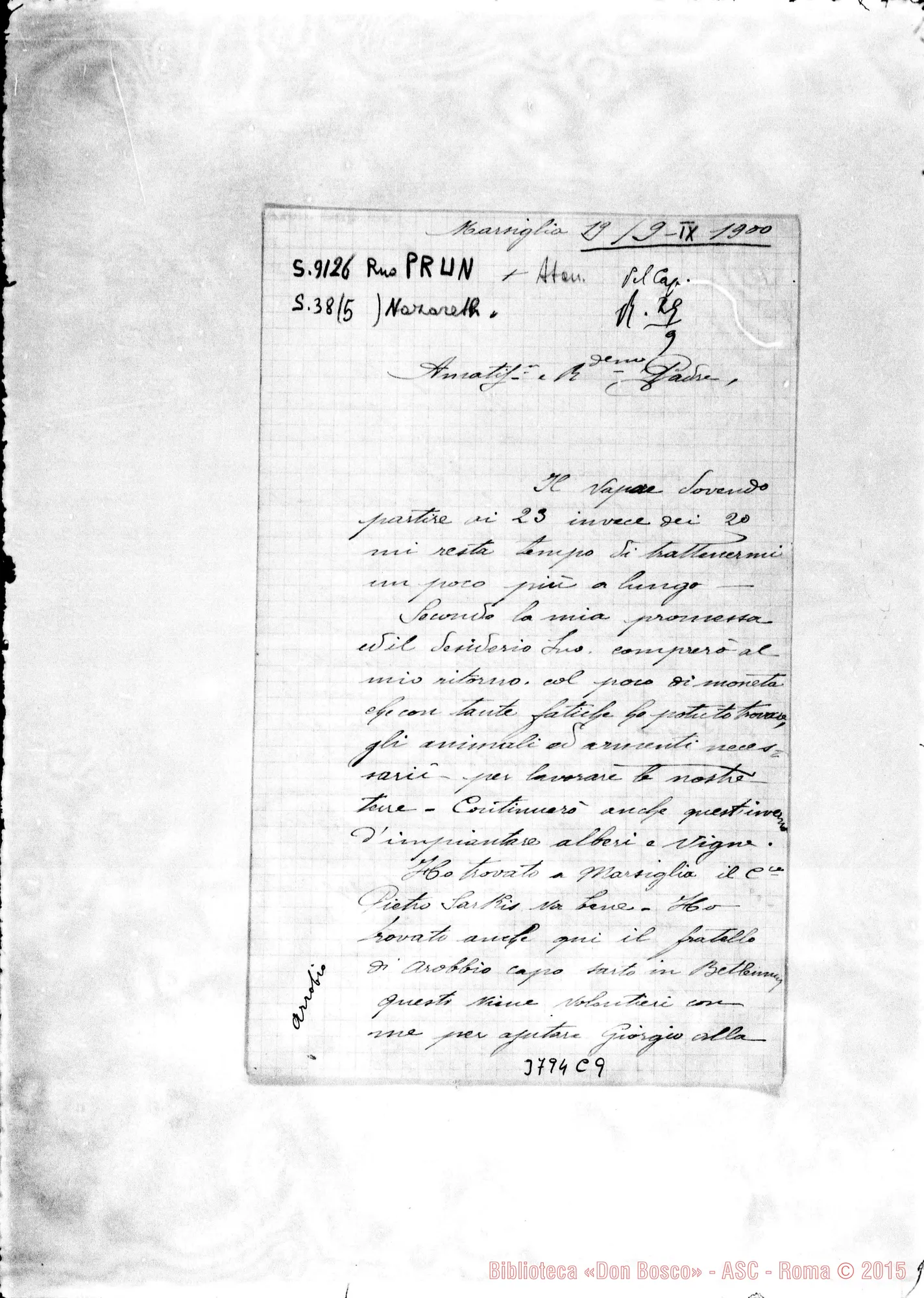 Fotogramma C 9 — Prun Atanasio, SDB Marsiglia, 19-09-1900 Autogr. Rua