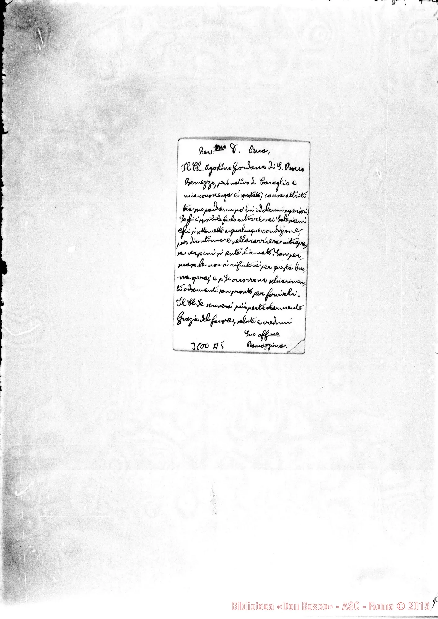 Fotogramma A 5 — Ramazzina Silvio, sac. Caraglio, s.d. Bigliettino