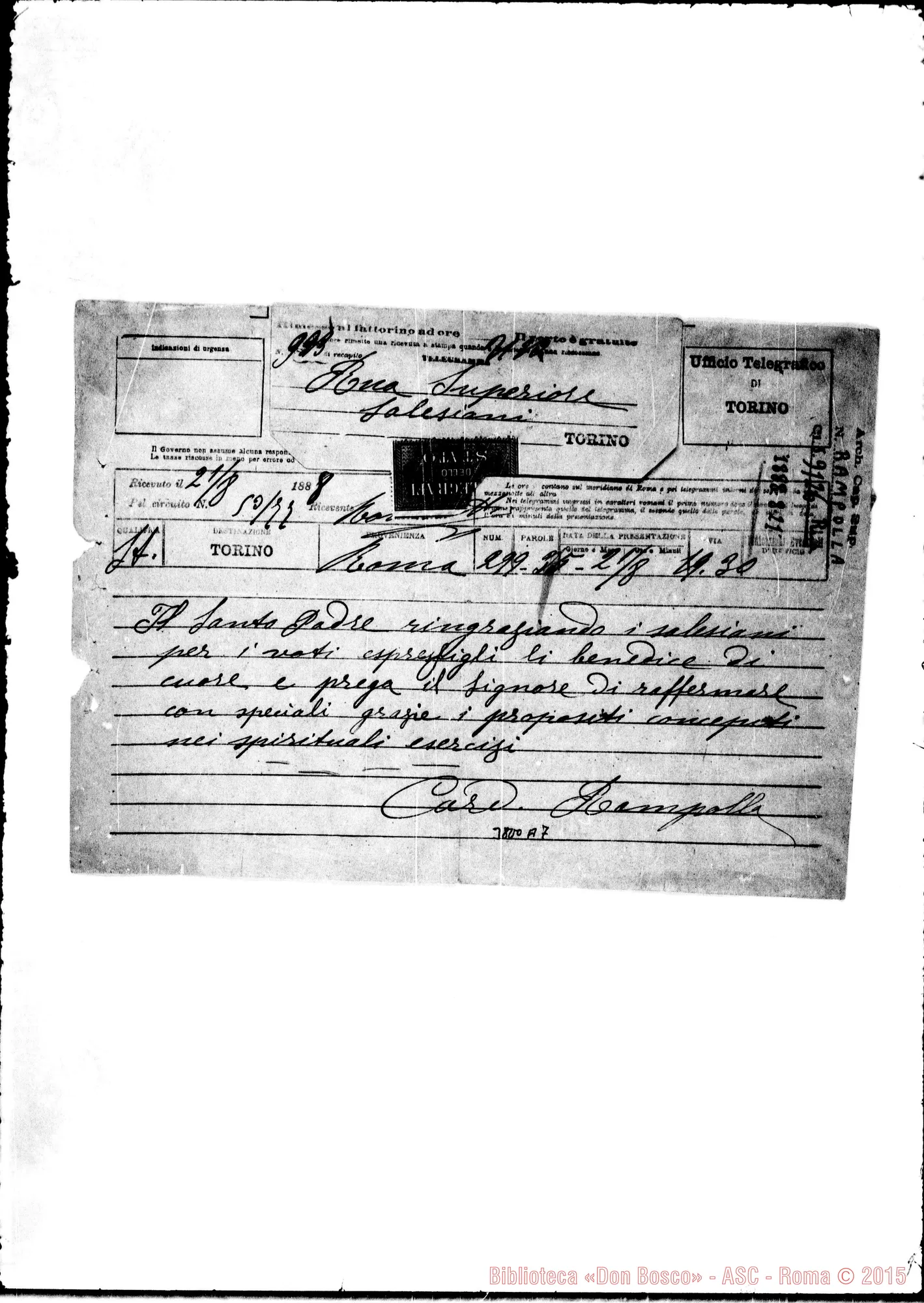 Fotogramma A 7 — Rampolla Mariano, card. Roma, 21-08-1888 Telegramma
