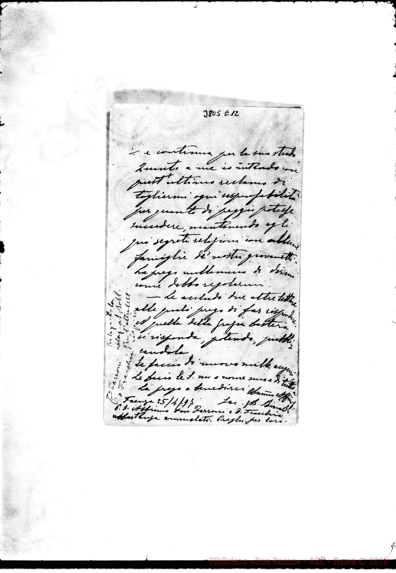 Fotogramma E 12 — « « Faenza, 25-04-1897 Autogr. Rua All. altra lett. ad Augusto