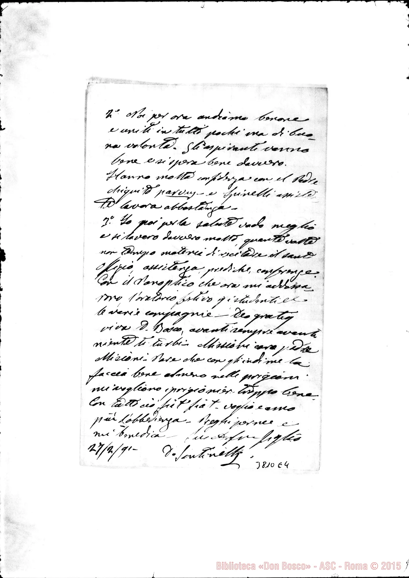 Fotogramma E 4 — Santinelli Ciriaco, SDB Quito, 27-02-1891 Autogr. Rua