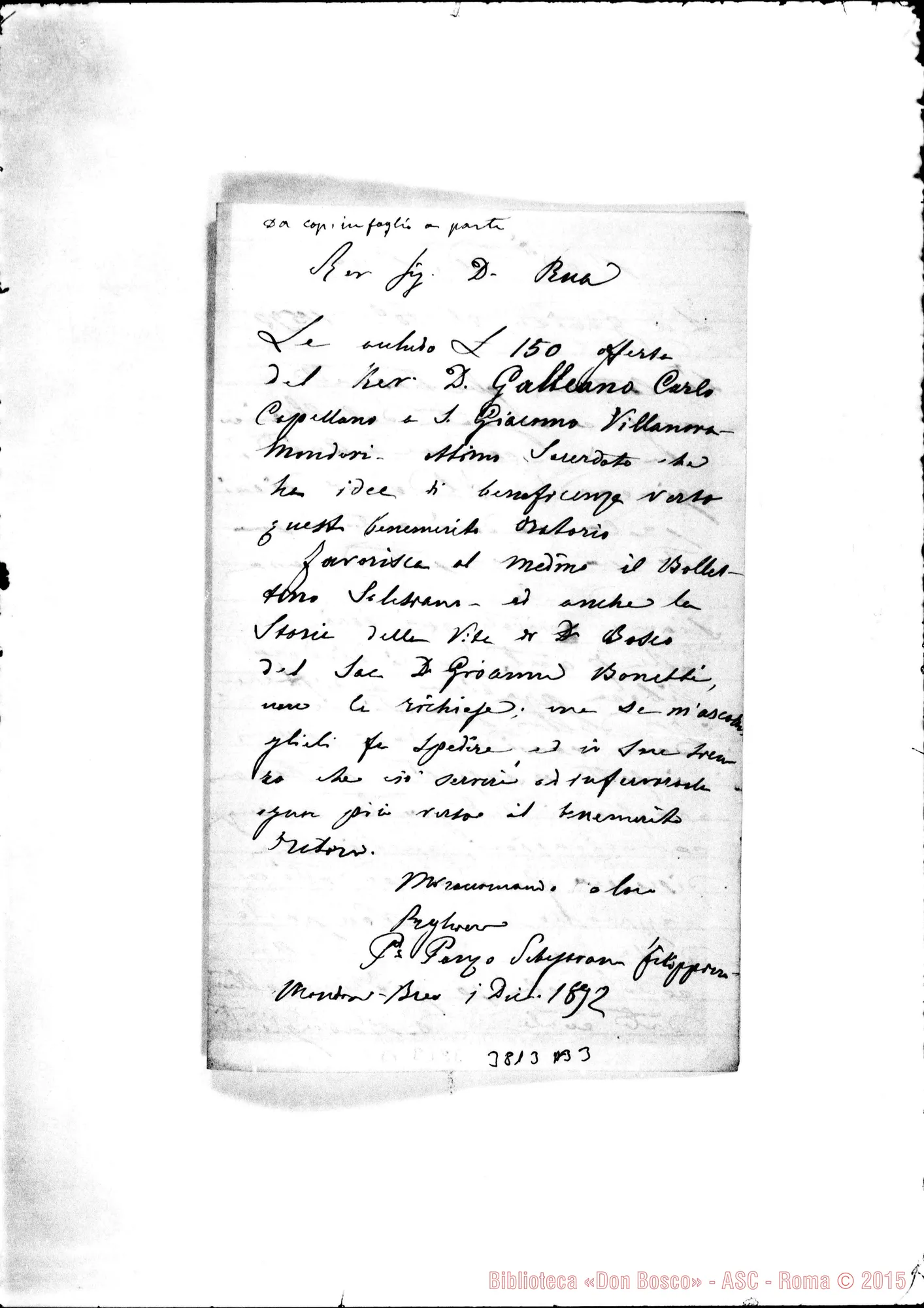 Fotogramma B 3 — Panzo, sac. Mondovi Breo, 01-12-1892 Autogr. Rua