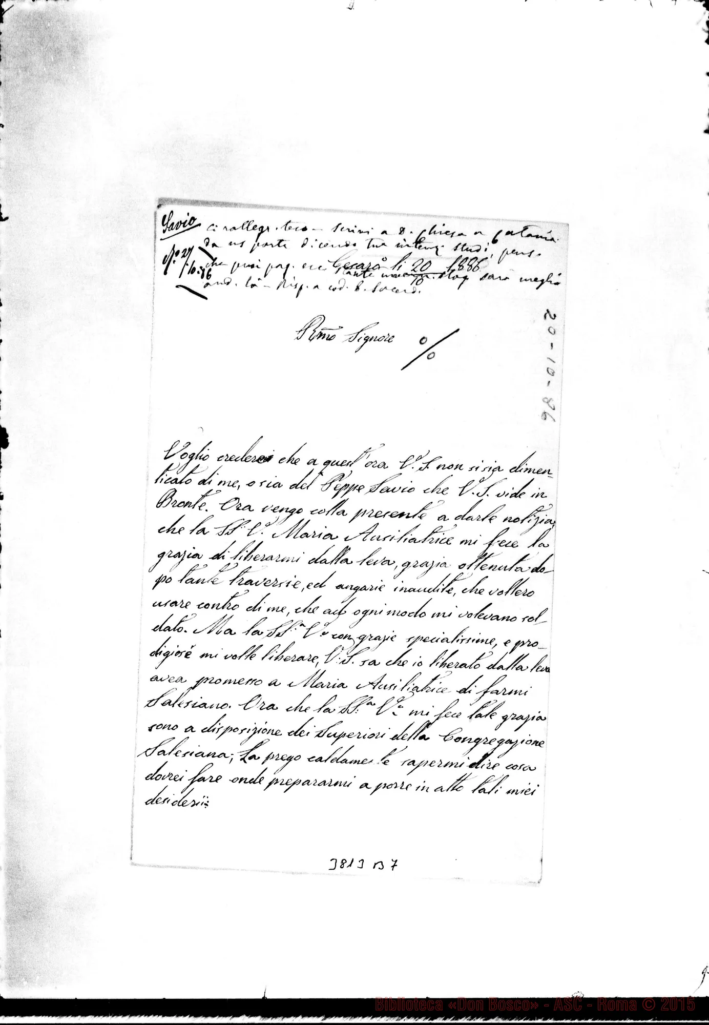 Fotogramma B 7 — Savio Francesco Giuseppe Cesarò, 20-10-1886 Autogr. Rua