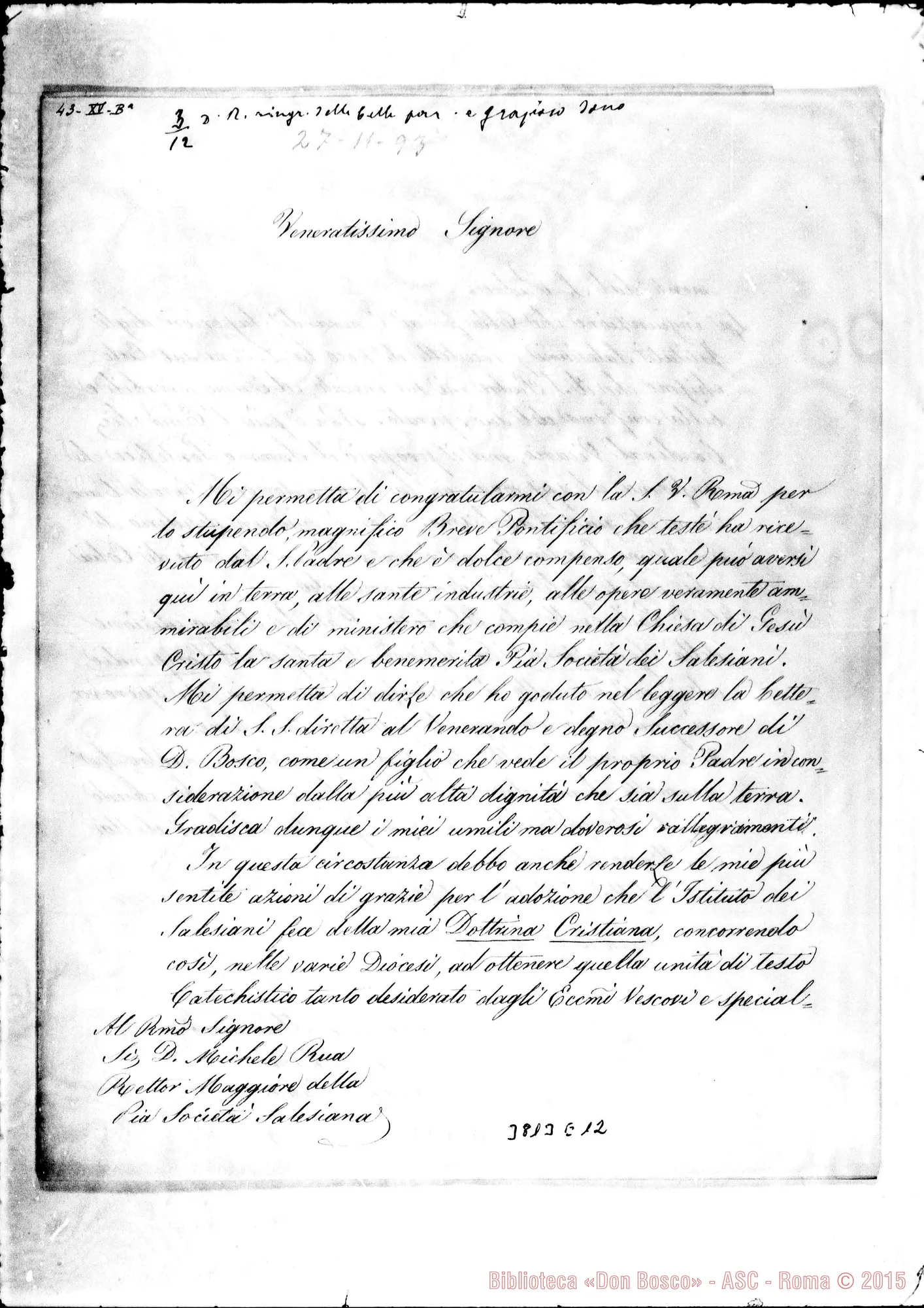 Fotogramma E 12 — « « Roma, 27-11-1893 Autogr. Rua All. lett. stampata di Leone XIII A Mons. Schüller (in latino E in italiano)