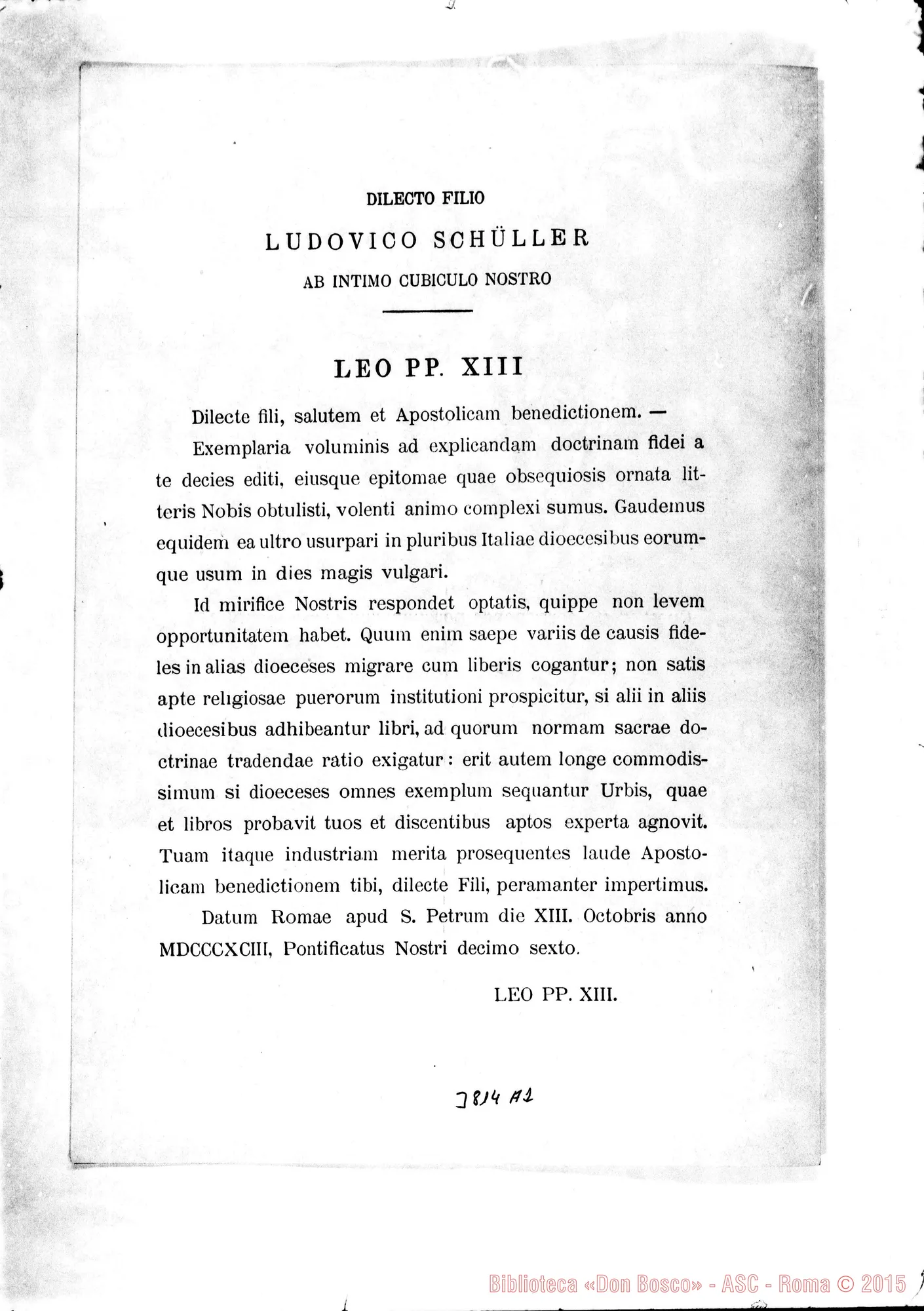 Fotogramma A 2 — « « Roma, 27-11-1893 Autogr. Rua All. lett. stampata di Leone XIII A Mons. Schüller (in latino E in italiano)