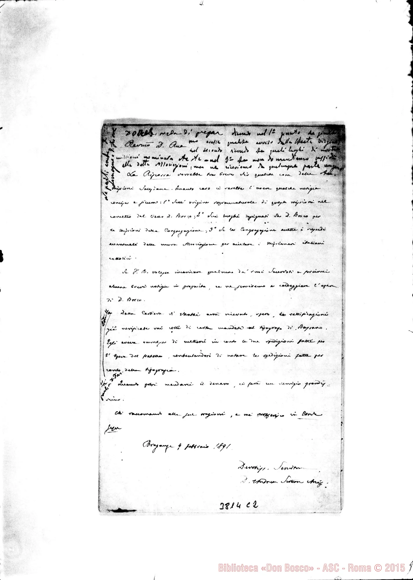Fotogramma C 2 — Scotton Andrea, sac. Breganze, 9-02-1891 Autogr. Rua All. risposta di D. Dones A.: Torino, 24-02-1891