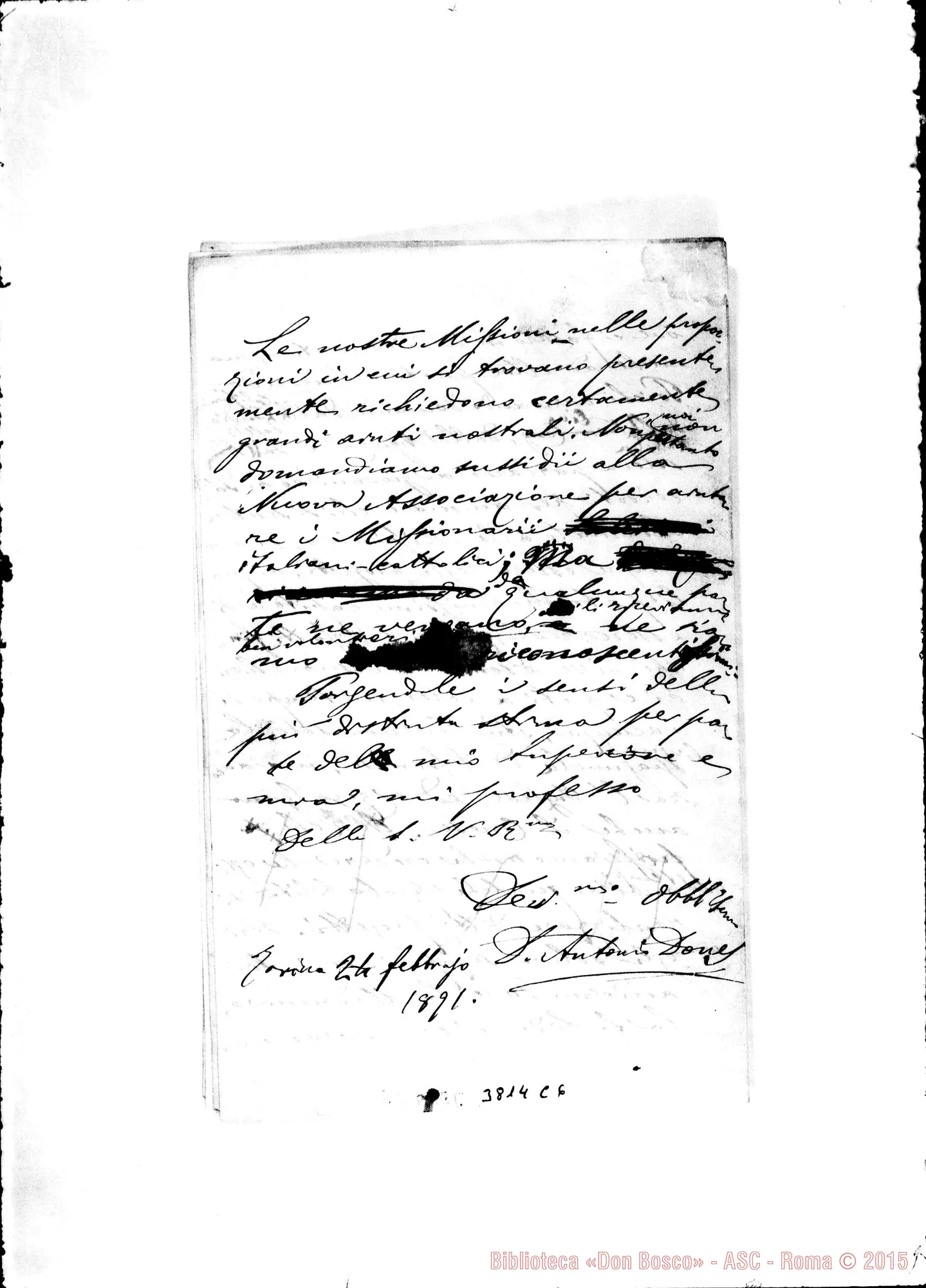 Fotogramma C 6 — Scotton Andrea, sac. Breganze, 9-02-1891 Autogr. Rua All. risposta di D. Dones A.: Torino, 24-02-1891