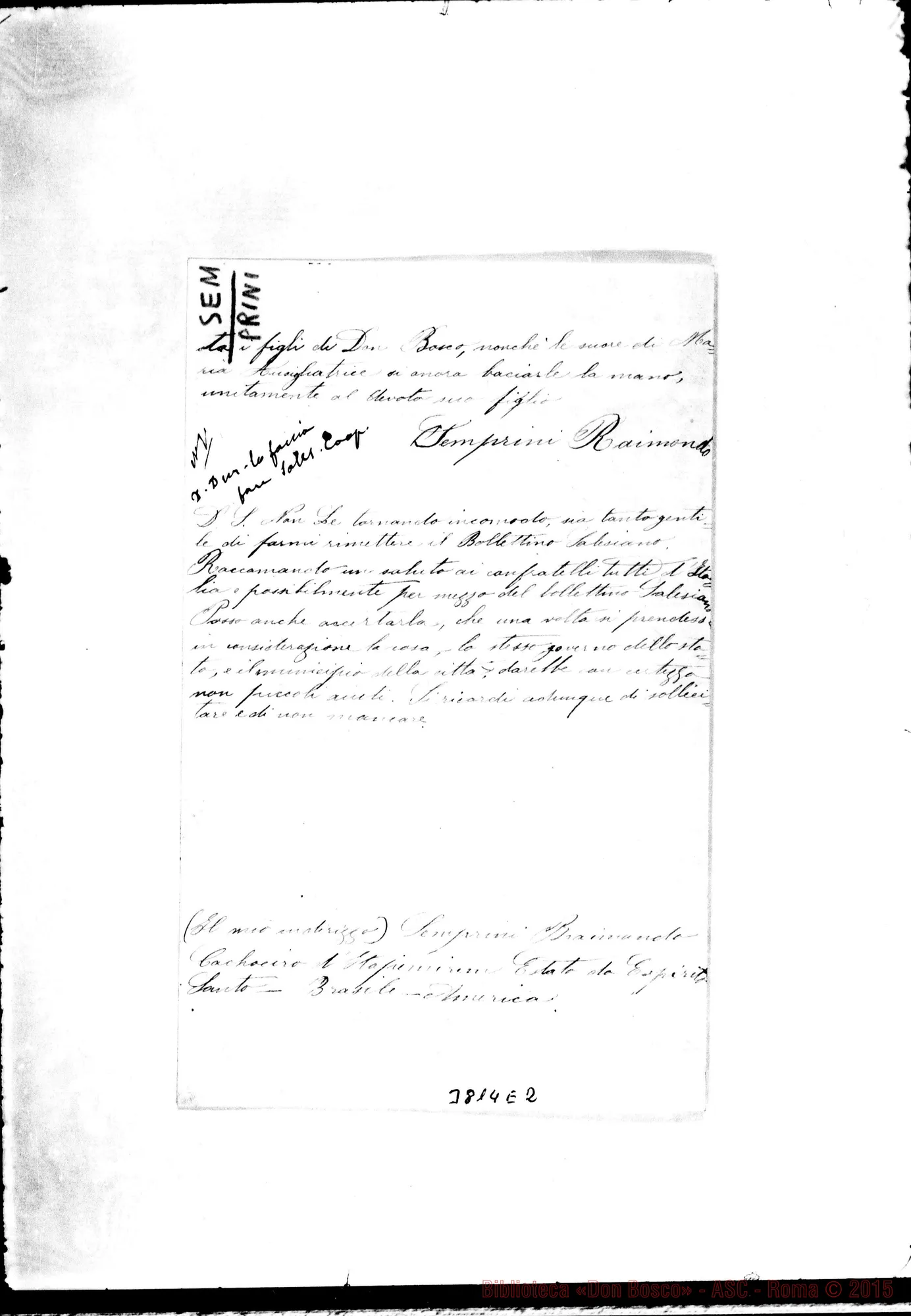 Fotogramma E 2 — Semprini Raimondo Cachoeiro, 24-11-1896 Autogr. Rua