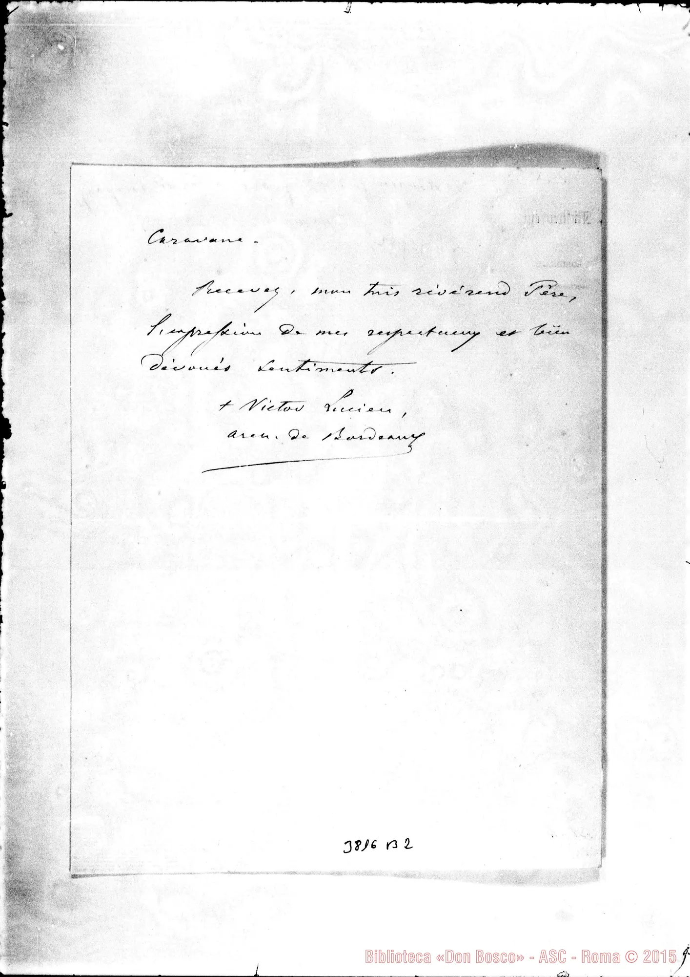 Fotogramma B 2 — Sulpizio Lécot Vittore, card, arciv. Bordeaux, 1-12-1892 Autogr. Rua