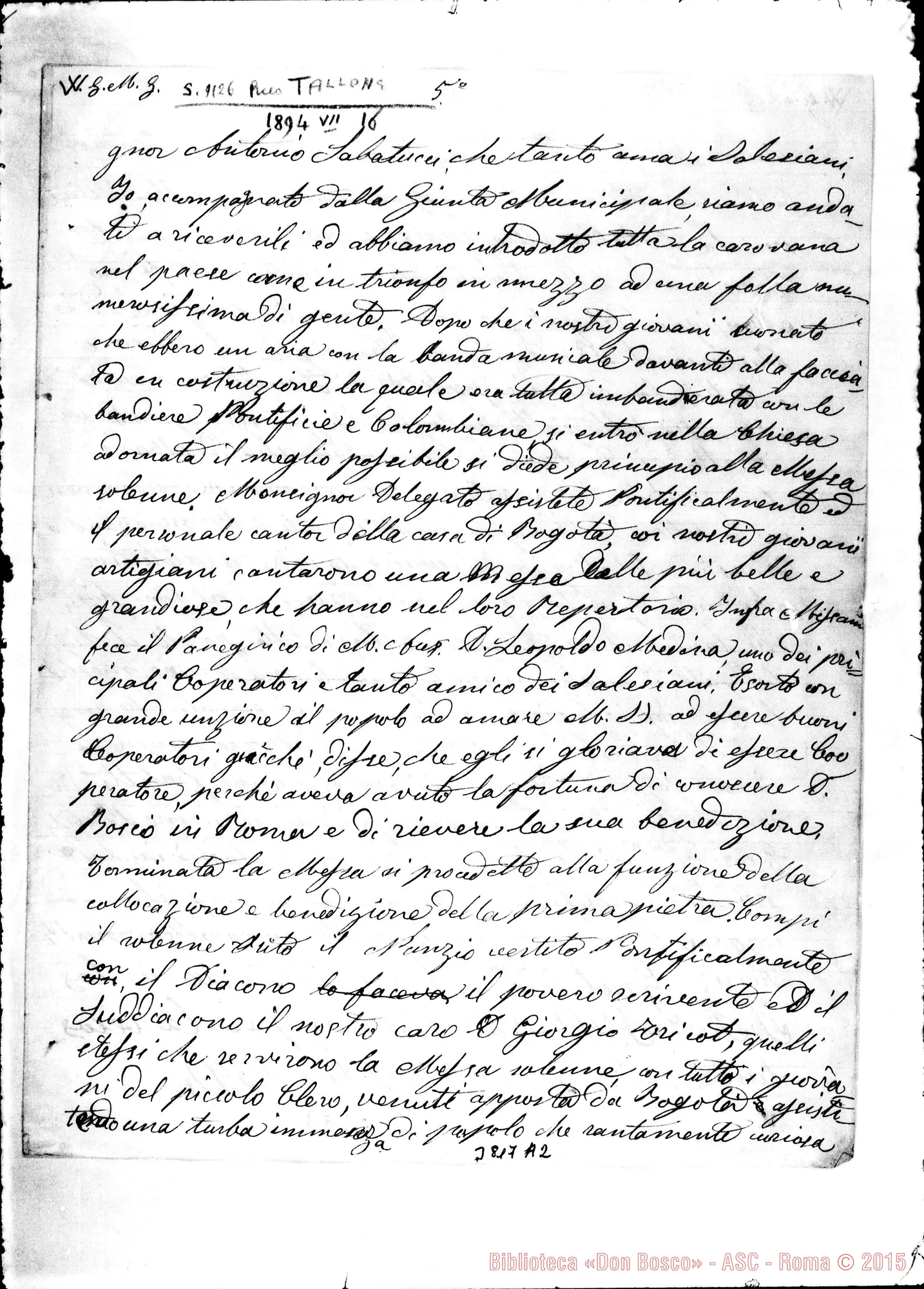 Fotogramma A 2 — Tallone Tommaso, SDB Fontibon, 16-07-1894 Autogr. Rua