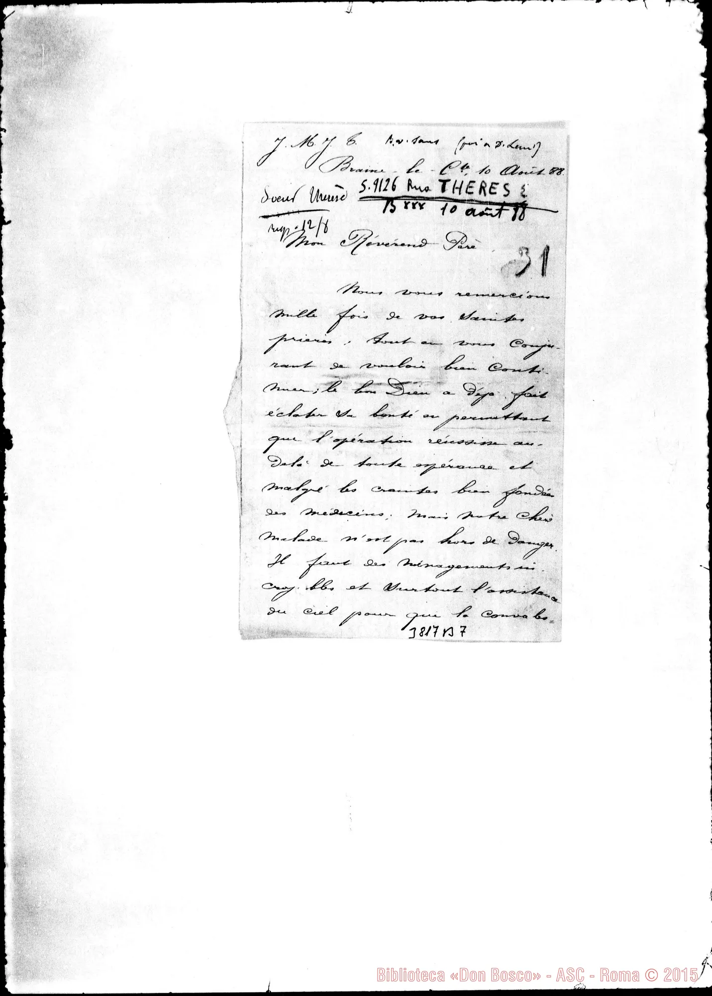Fotogramma B 7 — Therese, suor de Notre Dame Braine-le-C.te, 10-08-1888 Autogr. Rua