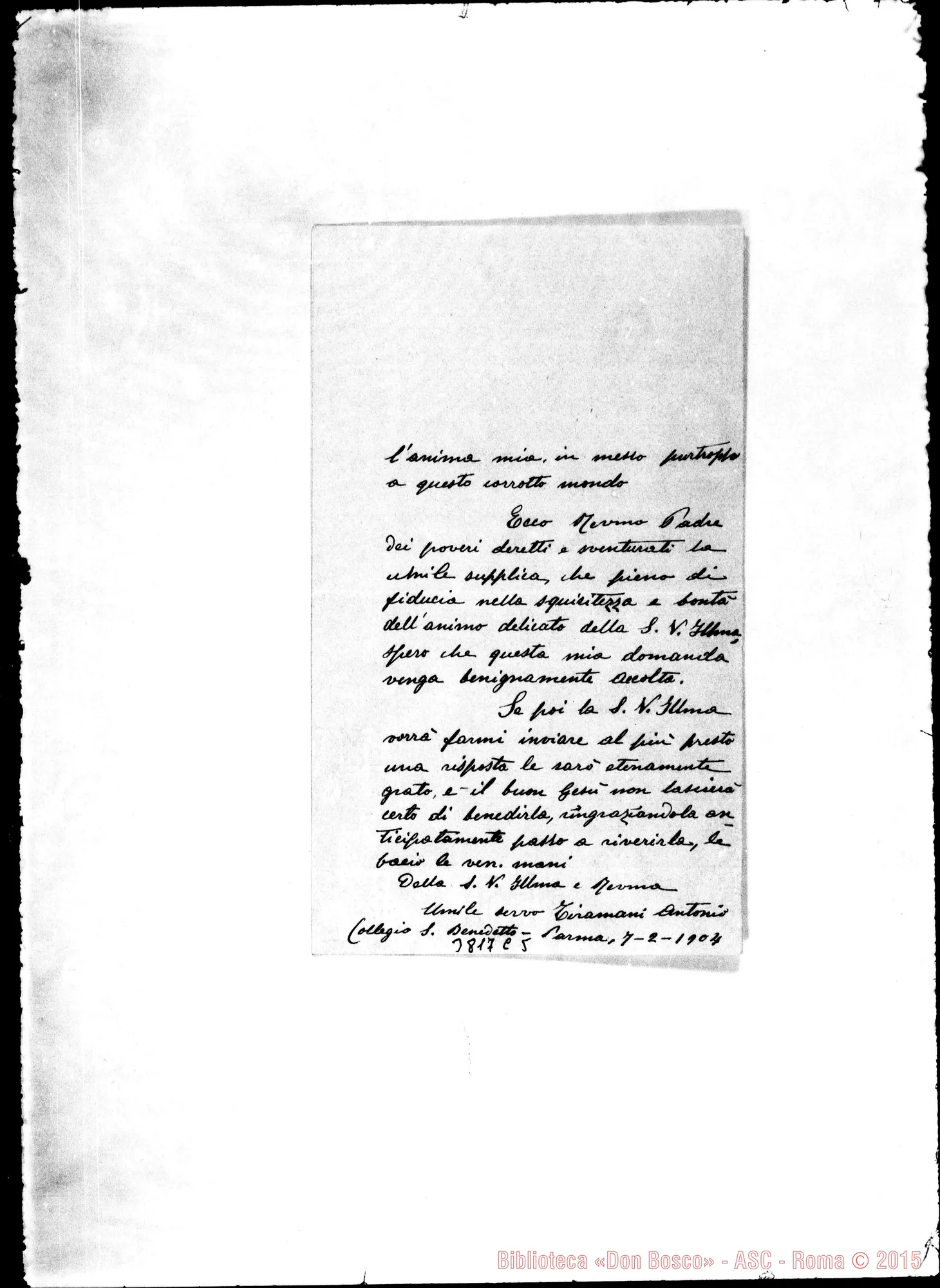 Fotogramma C 5 — Tiramani Antonio, SDB Parma, 7-02-1904 Autogr. Rua (letterina)