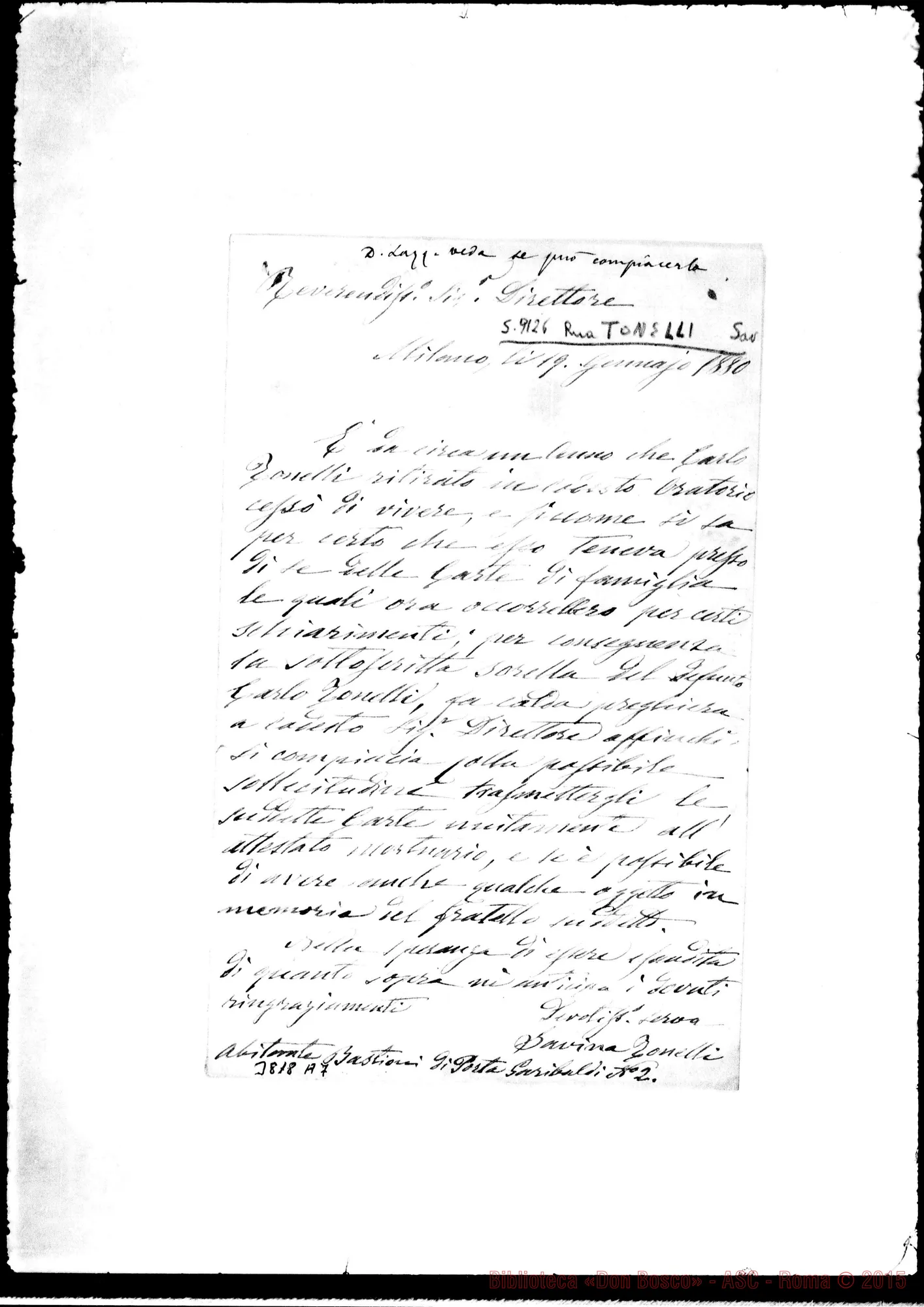 Fotogramma A 7 — Tonelli Savina Milano, 19-01-1880 Autogr. Rua