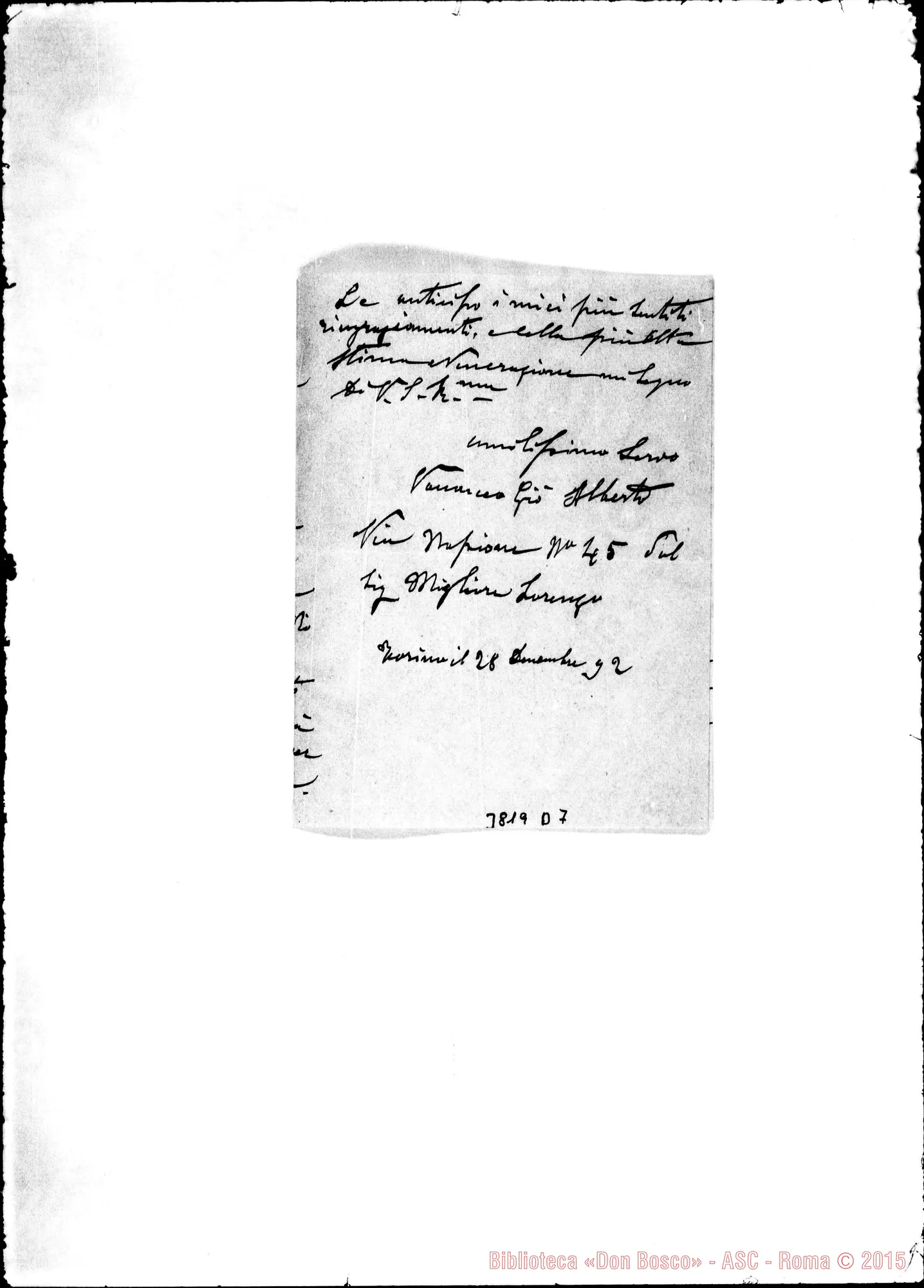 Fotogramma D 7 — « « Torino, 28-12-1892 Autogr. Rua