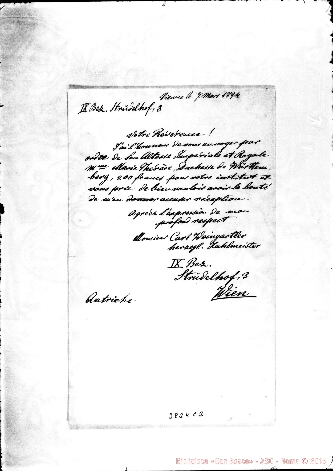 Fotogramma C 2 — Weingartier Carl Wien, 7-03-1894 Autogr. Rua All. traduzione francese