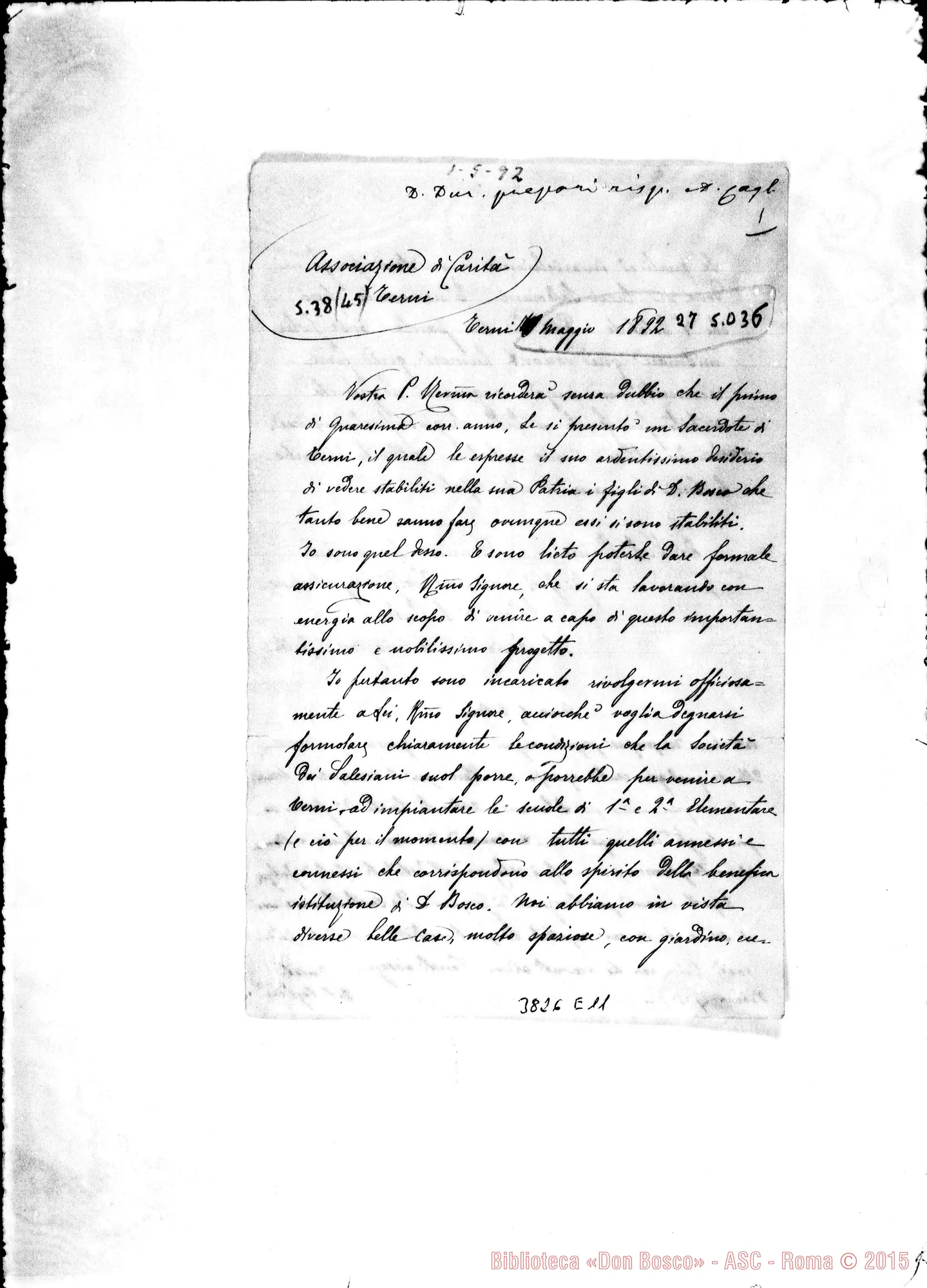 Fotogramma E 11 — « « Roma, 27-05-1892 Lett. scritta in fondo alla lett. di Cadolfi G.: Terni, 1-05-1892 Con postilla ms. autogr. Rua