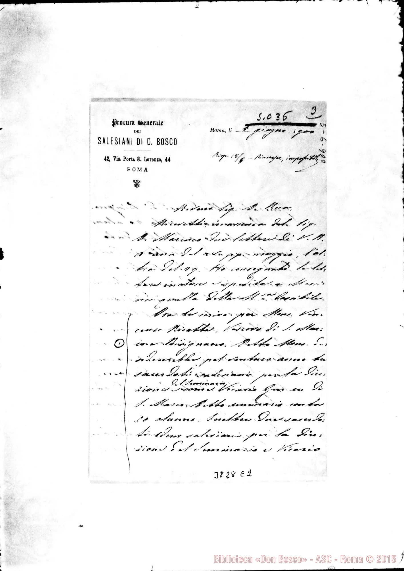 Fotogramma E 2 — Laureri Tommaso, SDB Roma, 5-06-1900 Per il Seminario di Bisignano
