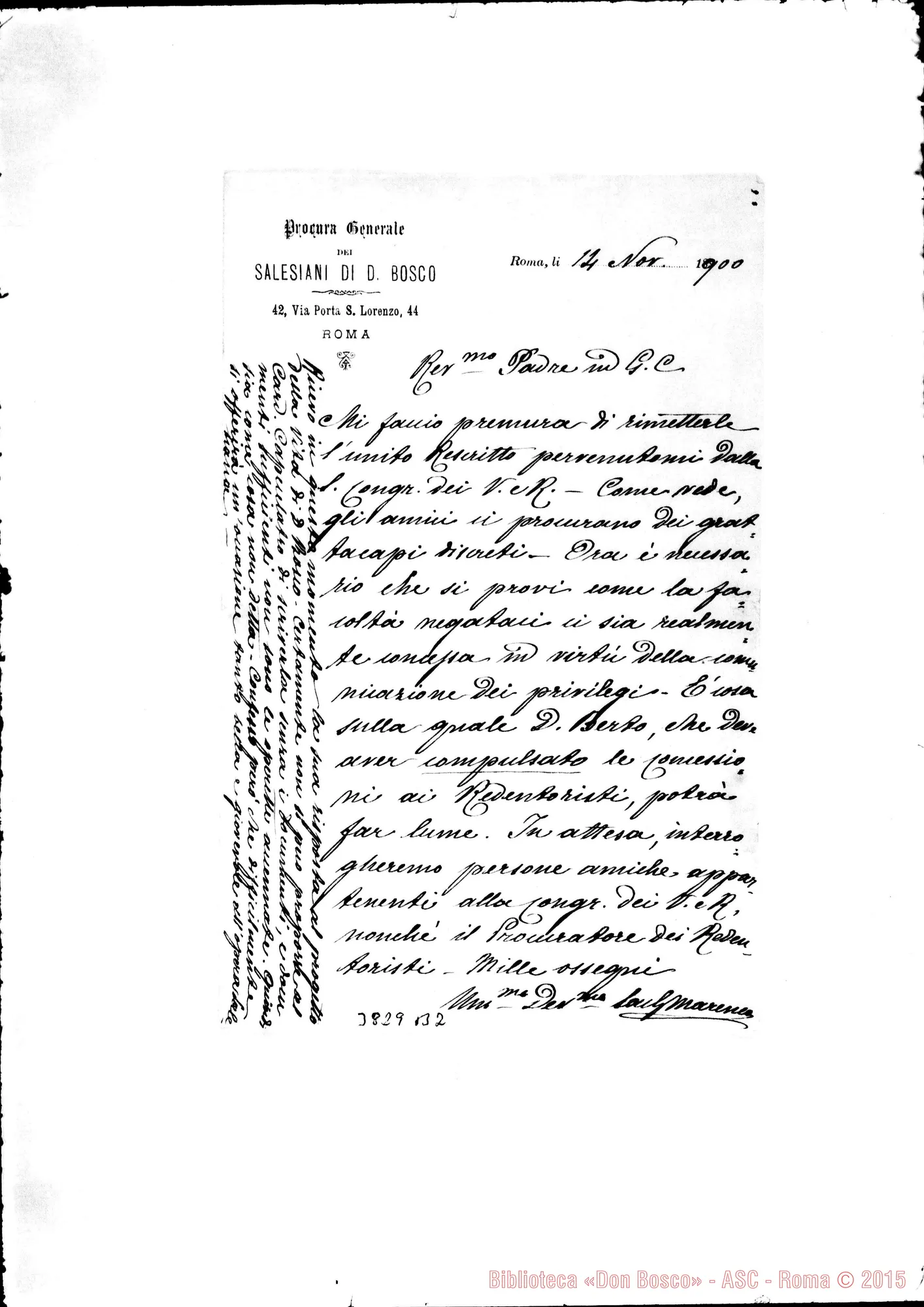 Fotogramma B 2 — « « Roma, 14-11-1900 All. minuta di risposta: Torino, 20-12-1900. Sui privilegi Ms. allogr.