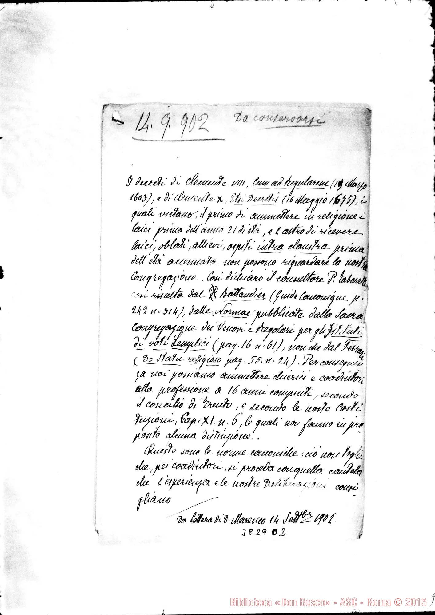 Fotogramma D 2 — « « Roma, 14-09-1902 All. copia del decreto di Clemente Vili, sui Coadiutori