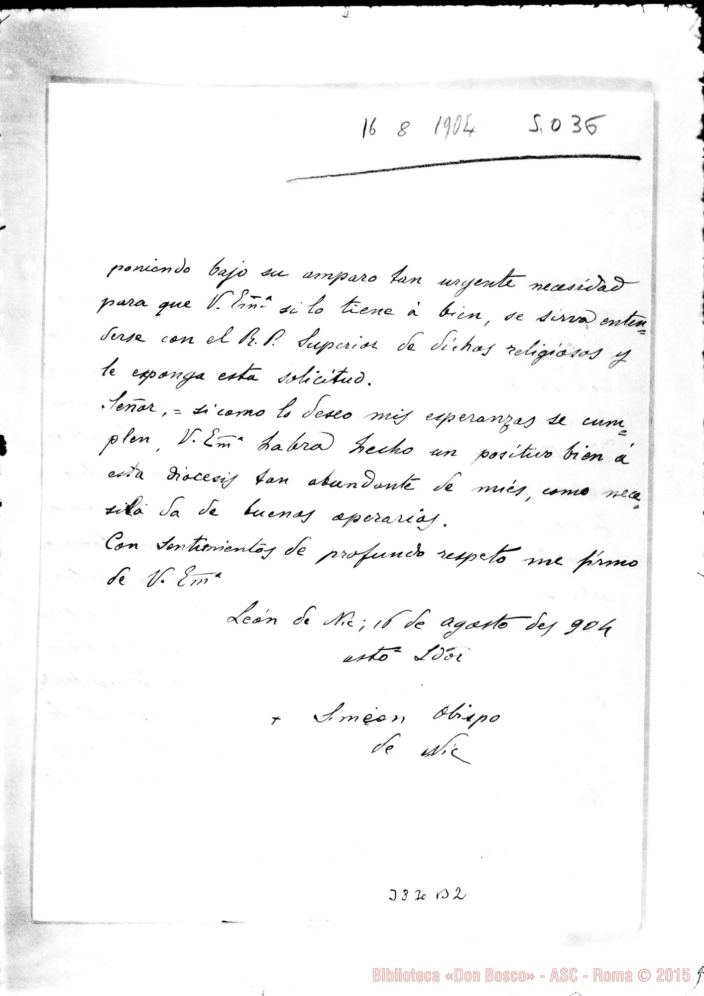 Fotogramma B 2 — « « Roma, 2-10-1904 All. copia della lett. del Vescovo di Nicaragua al Card. Merry del Val, 16-08-1904