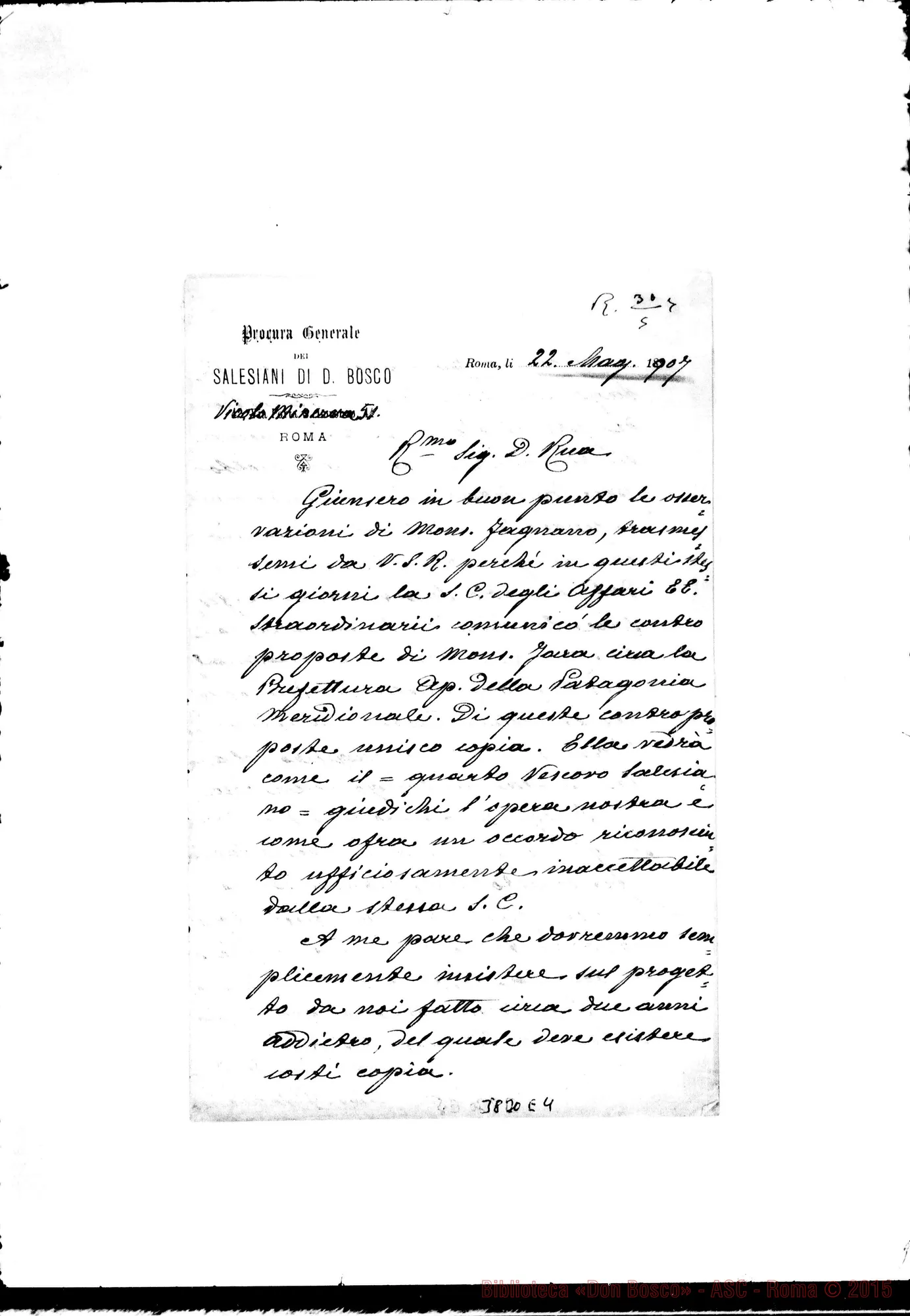 Fotogramma E 4 — « « Roma, 22-05-1907 All. lett. A D. Gusmano, 22-05-1907. Proposte di Mons. Jara