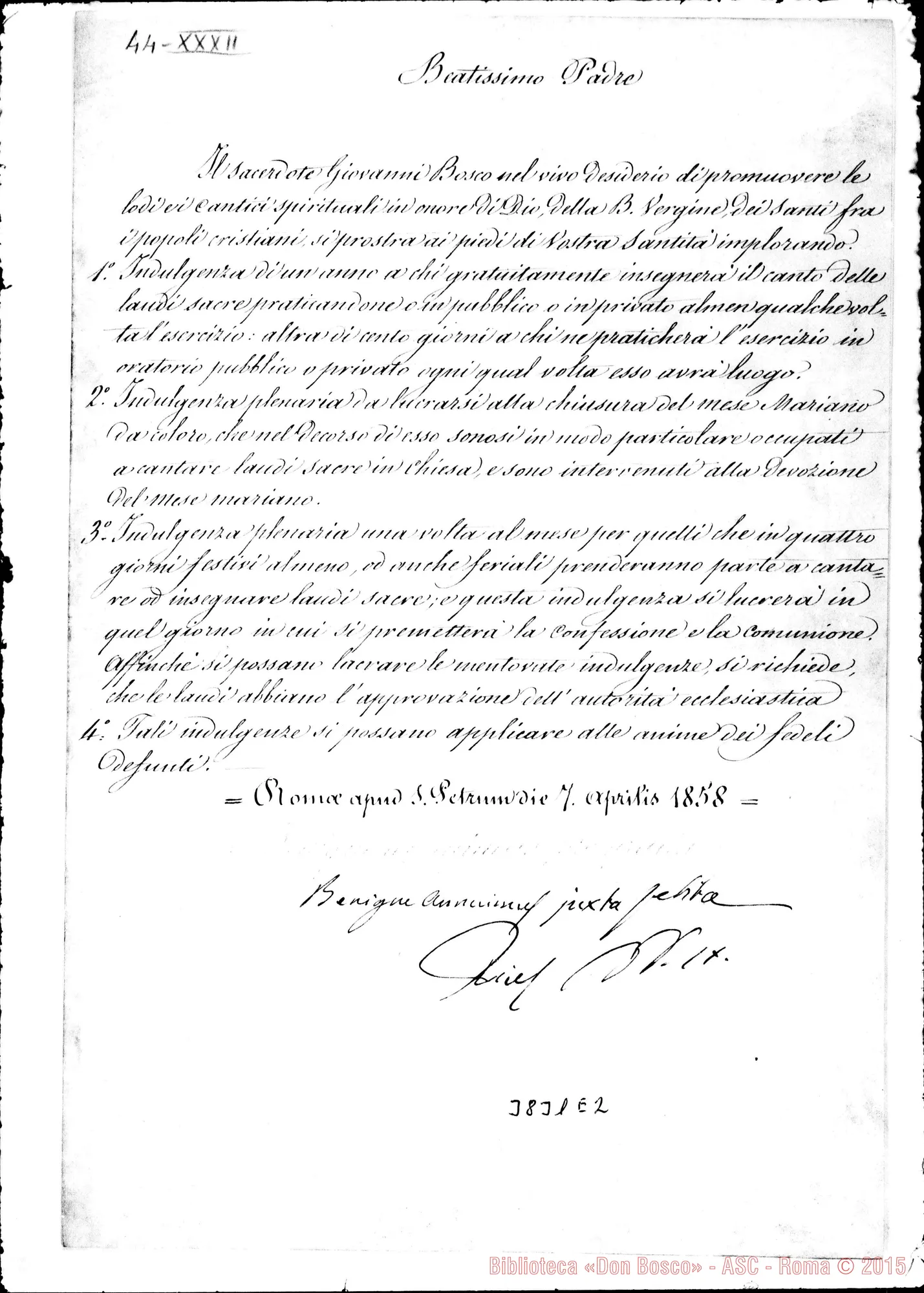 Fotogramma E 2 — Rescritto di Pio IX: Indulgenze per canto sacro gratuito. Roma, 7-04-1858 Pontificato di Leone XIII