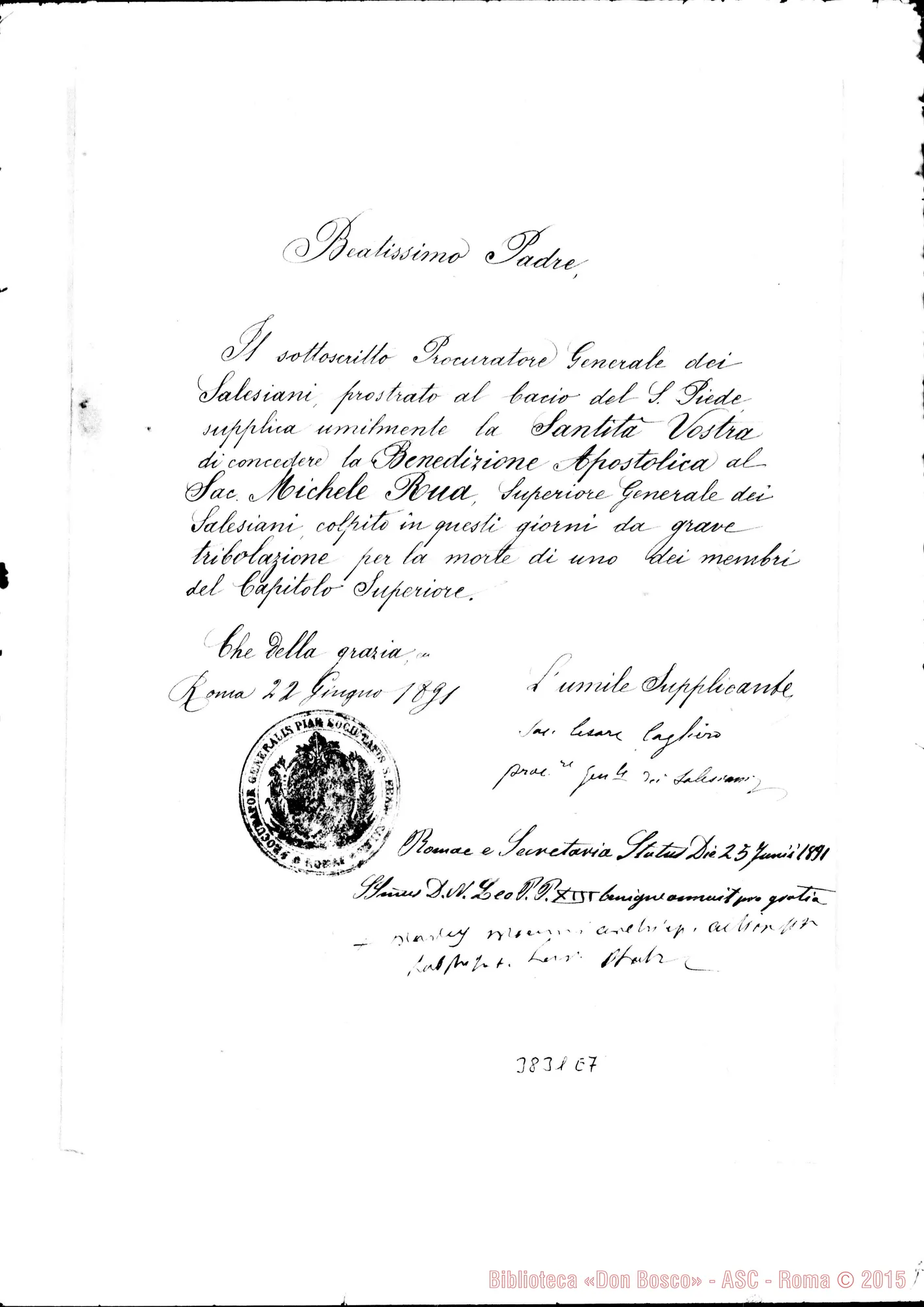 Fotogramma E 7 — Don Cesare Cagliero-Beatissimo Padre. Roma, 22-06-1891
