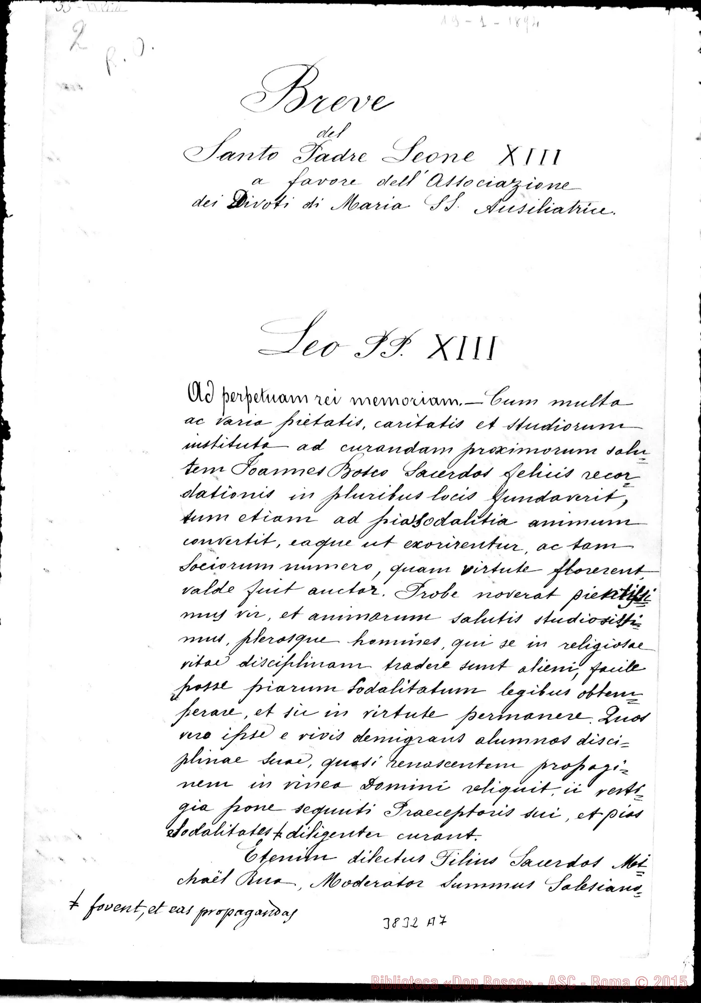 Fotogramma A 7 — Rescritto di Leone XIII: A favore dei divoti di M. A.. Luglio 1896. Copia