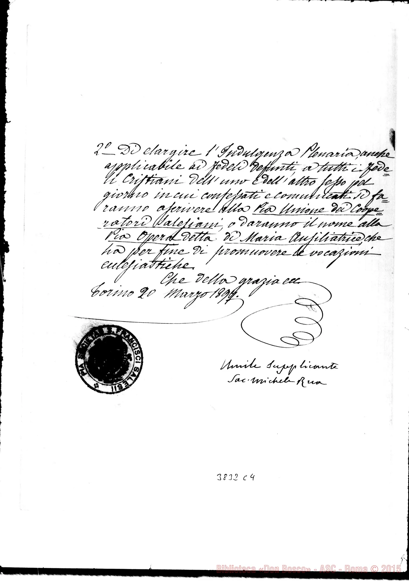 Fotogramma C 4 — Don Rua-Beatissimo Padre. Torino, 20-03-1897. Firma autogr. Rua