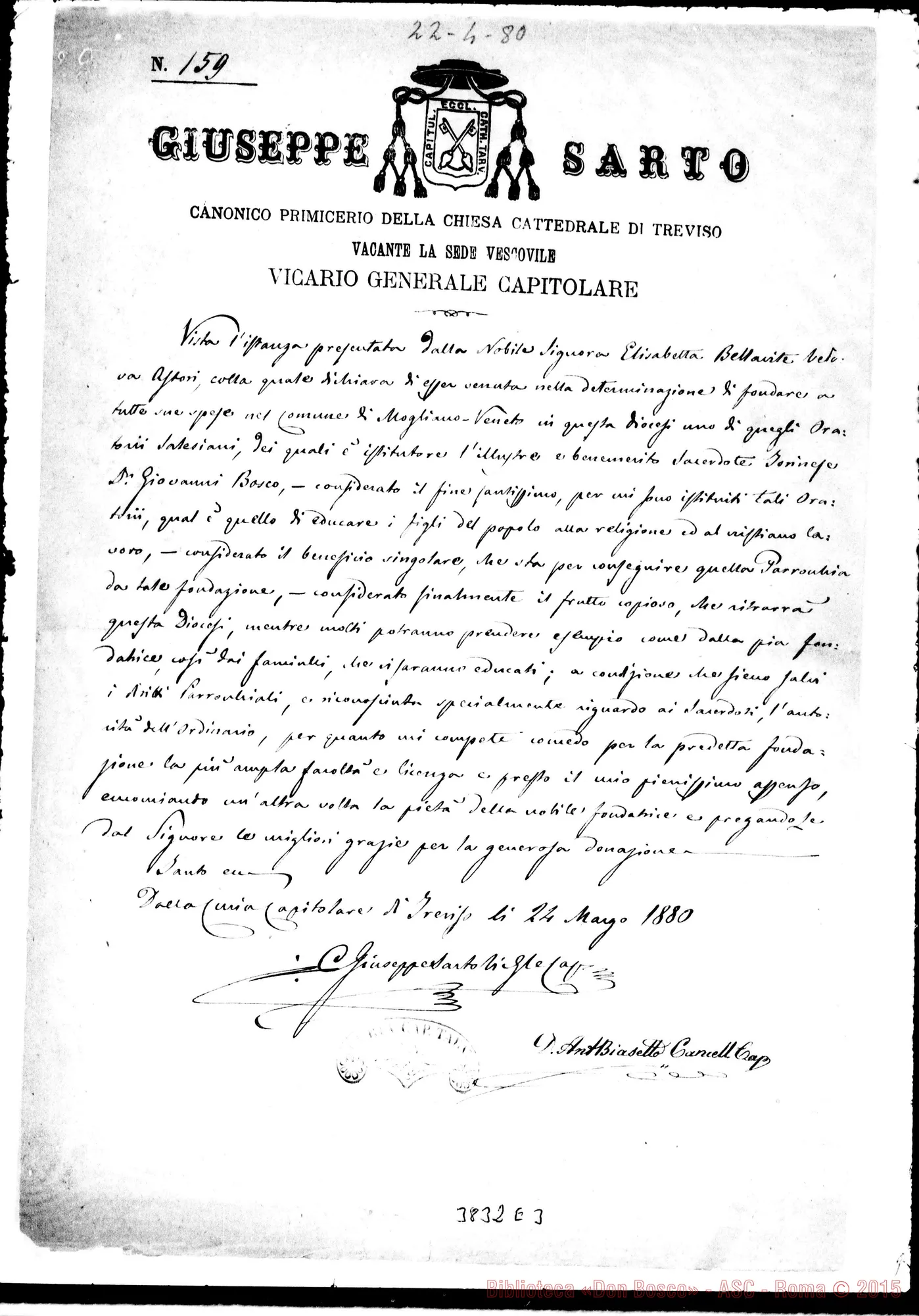 Fotogramma E 3 — Don Giuseppe Sarto, can.: permesso per fondazione di Mogliano V., il 24-05-1880