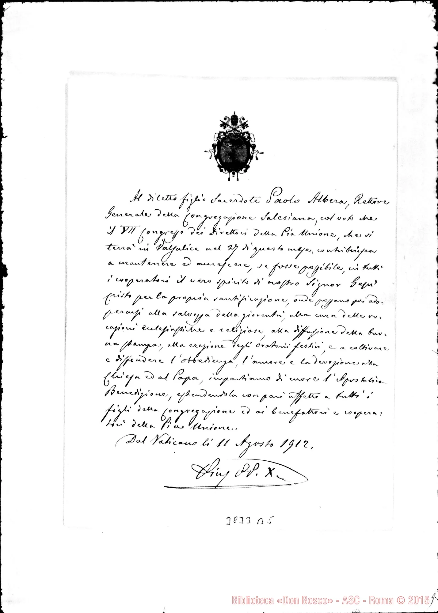 Fotogramma B 5 — Pio X-Diletto figlio Paolo Albera. Vaticano, 11-08-1912. Autografa
