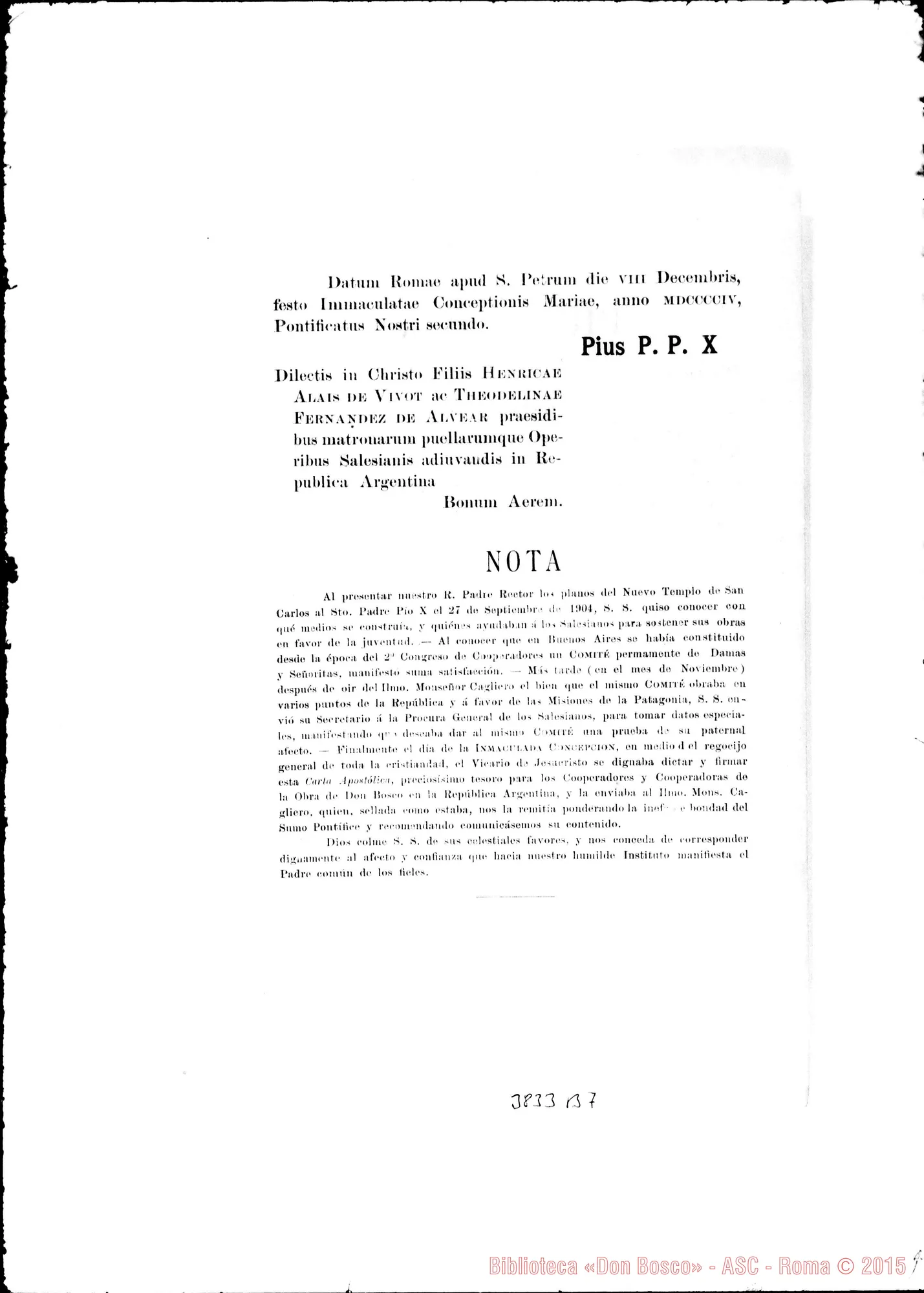 Fotogramma B 7 — Breve di Pio X alle Dame Patronesse dell’opera salesiana in Argentina. Stampato