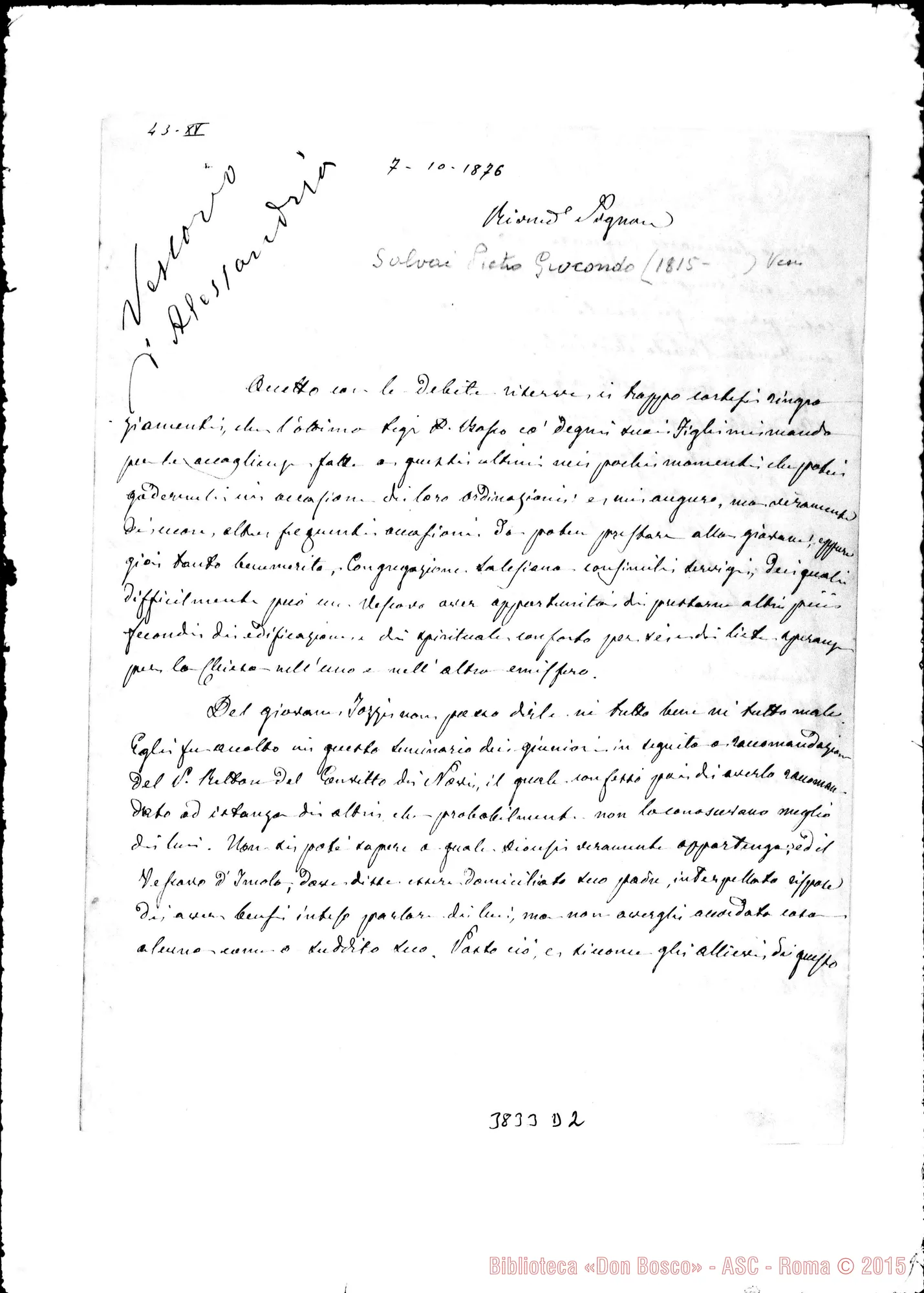 Fotogramma D 2 — Alessandria: Pietro Giocondo Salvai, vesc.-Rev.do. Alessandria, 7-10-1876