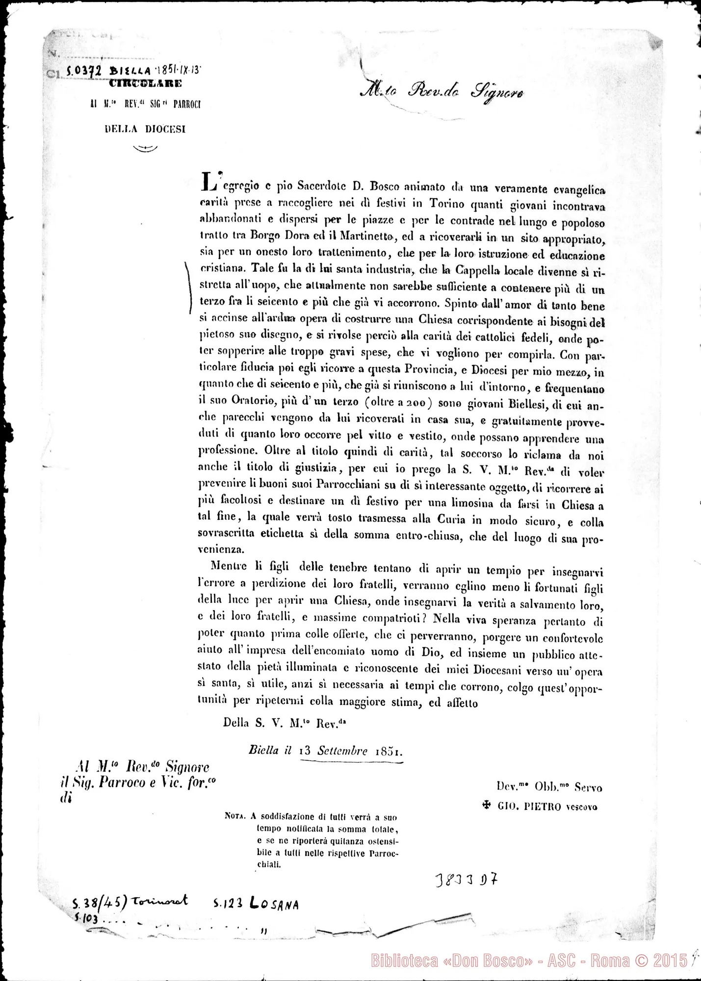 Fotogramma D 7 — Biella: Giovanni Pietro Losanna, vesc.-Parroci. Circolare stampata. Sett. 1851