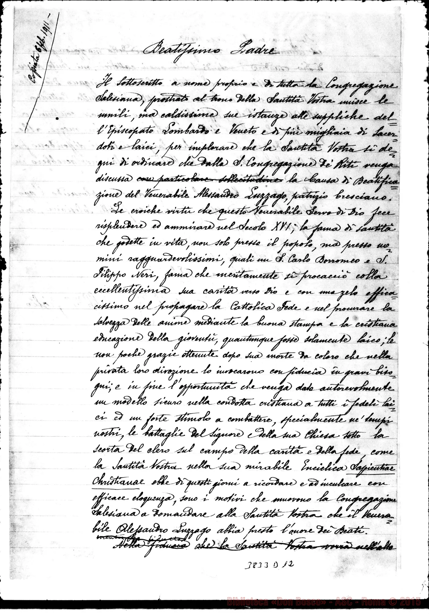 Fotogramma D 12 — Brescia: Lett. postulatoria per Beatificazione di Luzzago Alessandro